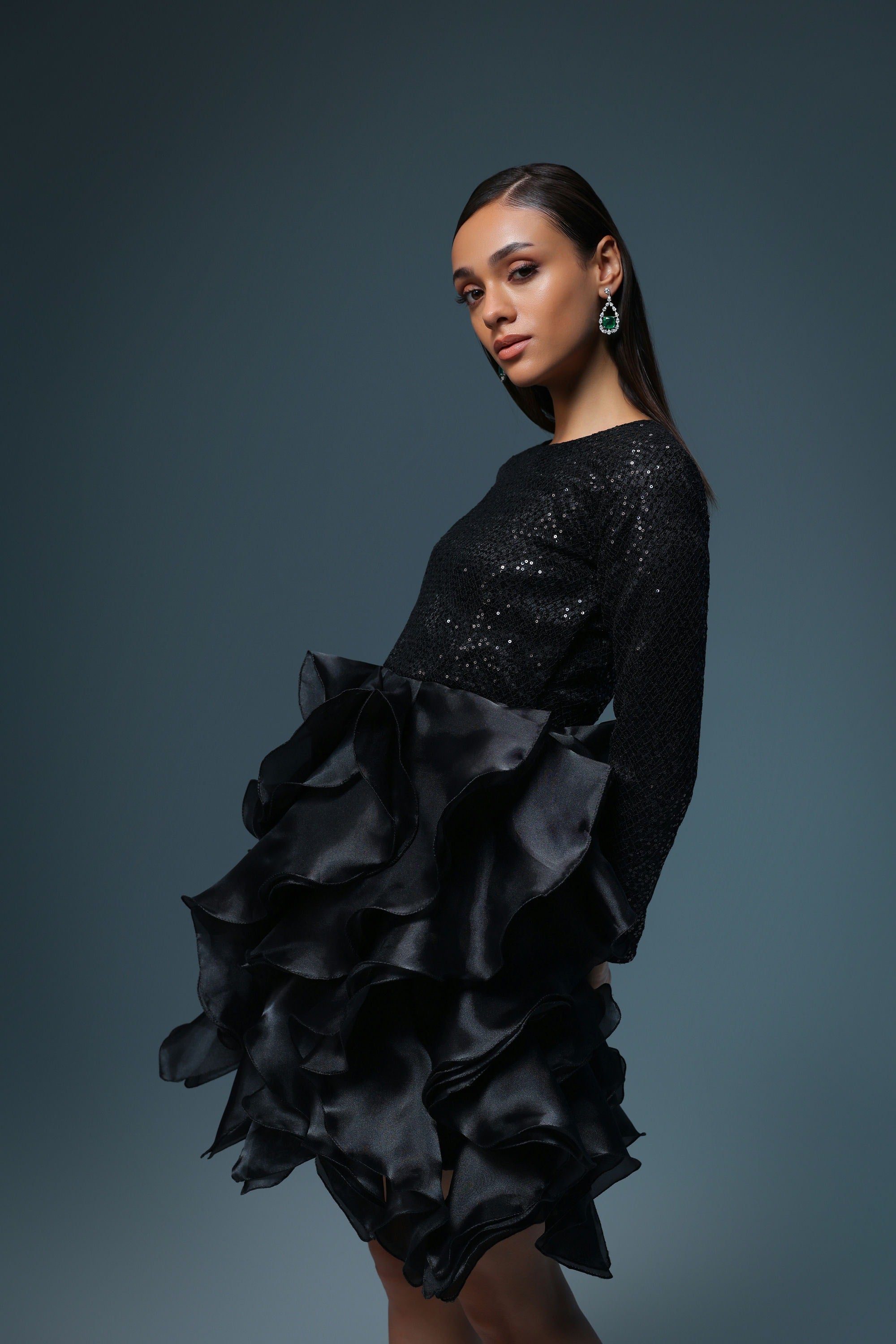 BLACK SEQUIN ORGANZA RUFFLE DRESS