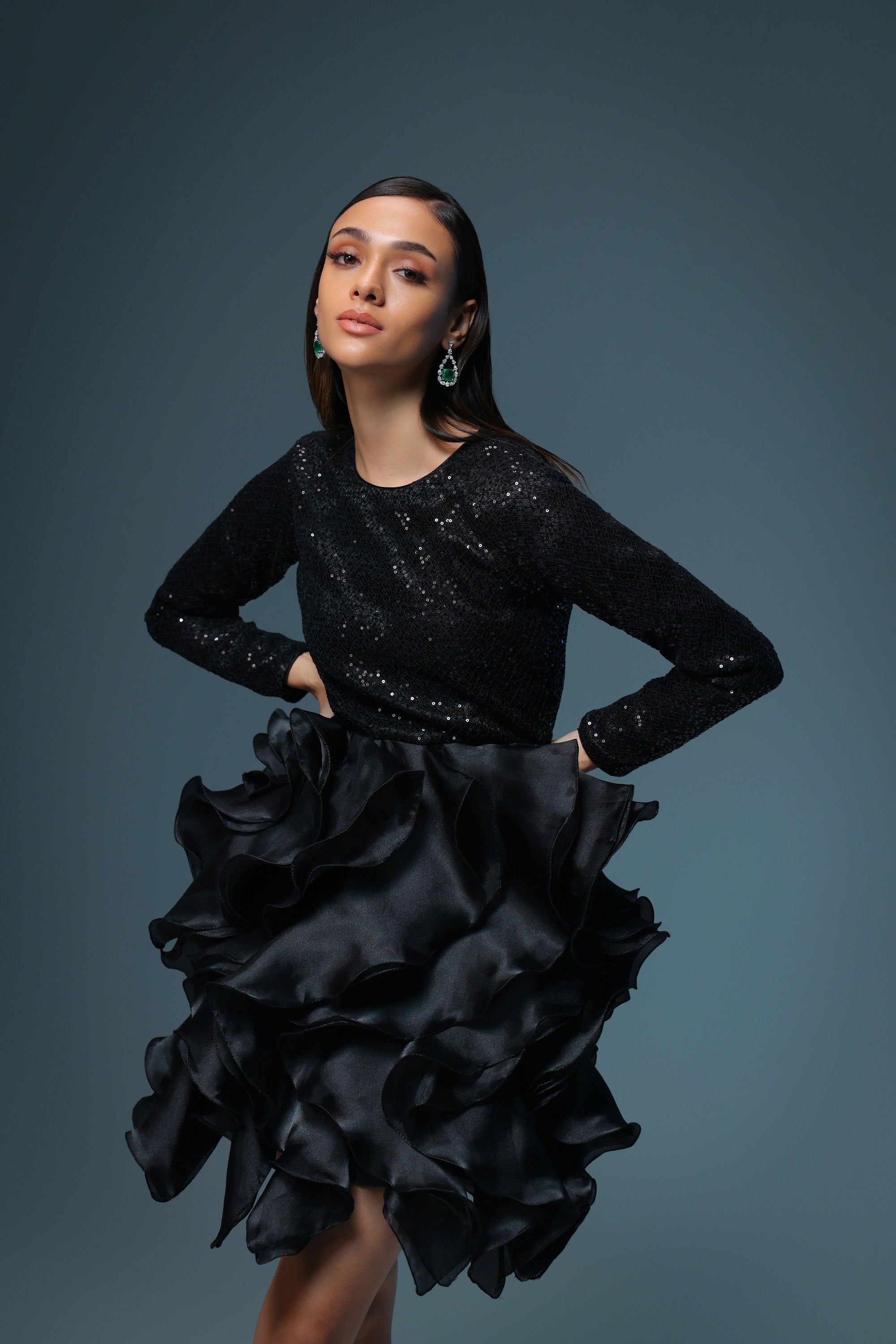 BLACK SEQUIN ORGANZA RUFFLE DRESS