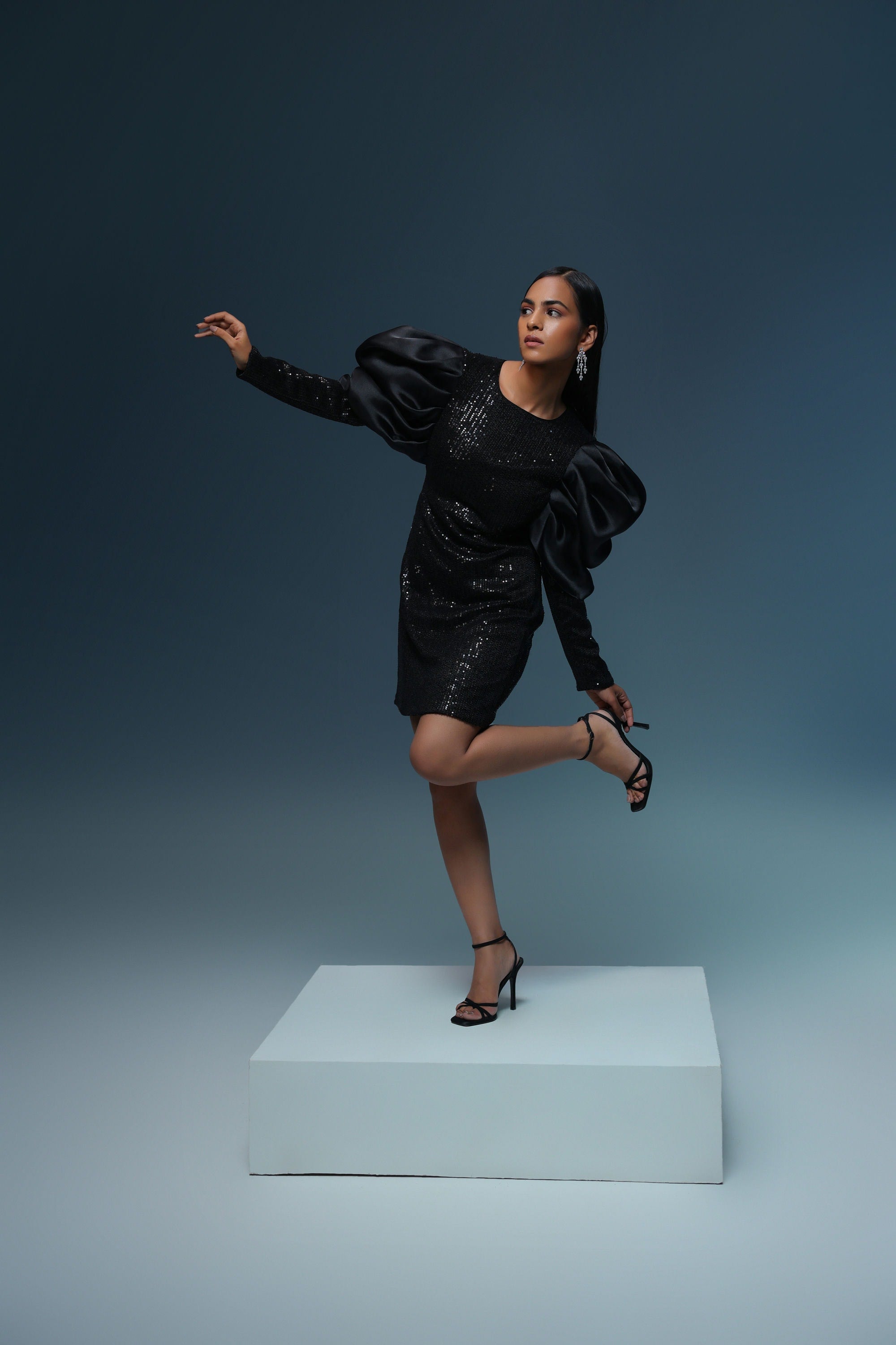 BLACK SEQUIN ORGANZA SLEEVES DRESS