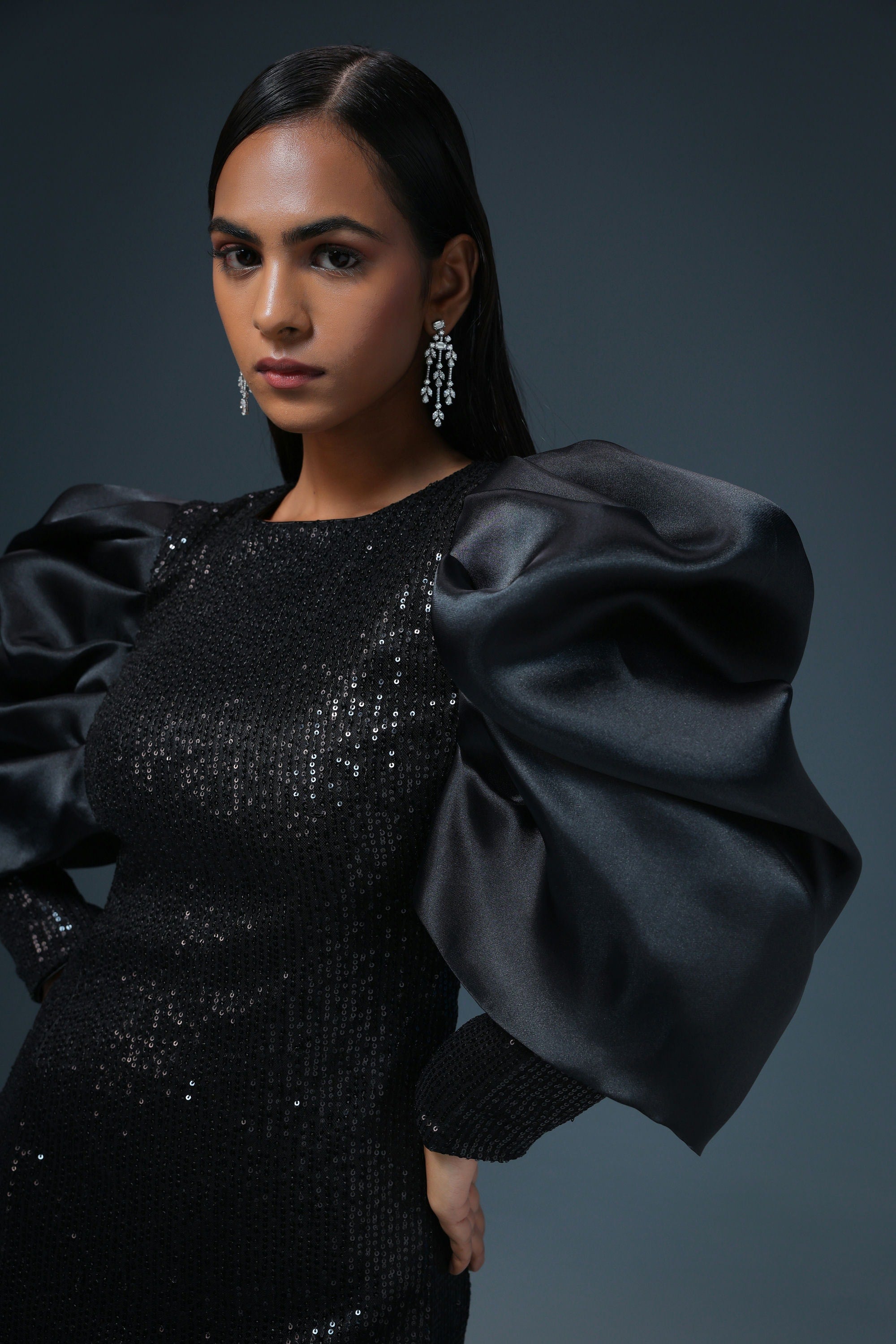 BLACK SEQUIN ORGANZA SLEEVES DRESS