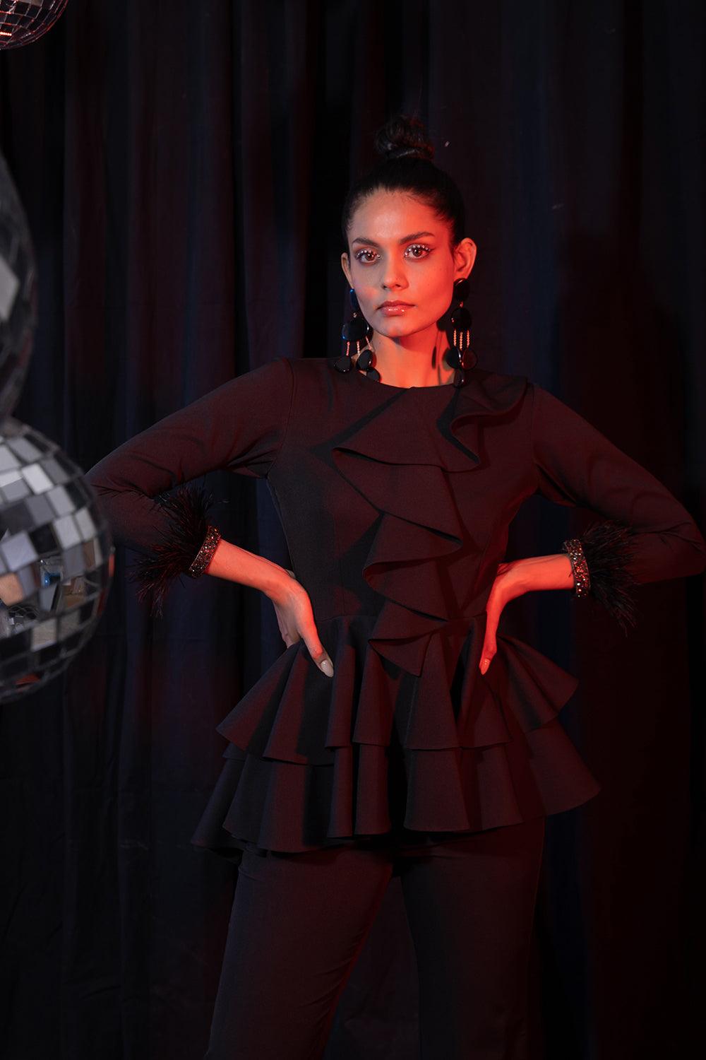 BLACK RUFFLE AND FEATHER TOP - LabelIris