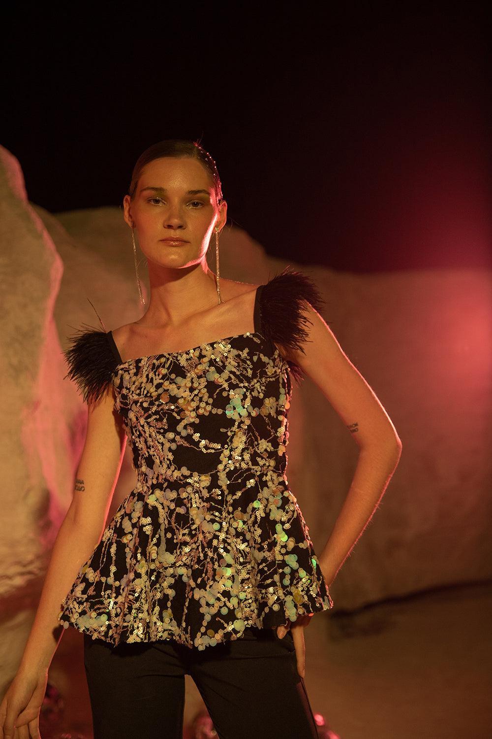 BLACK SEQUIN & FEATHER TOP - LabelIris