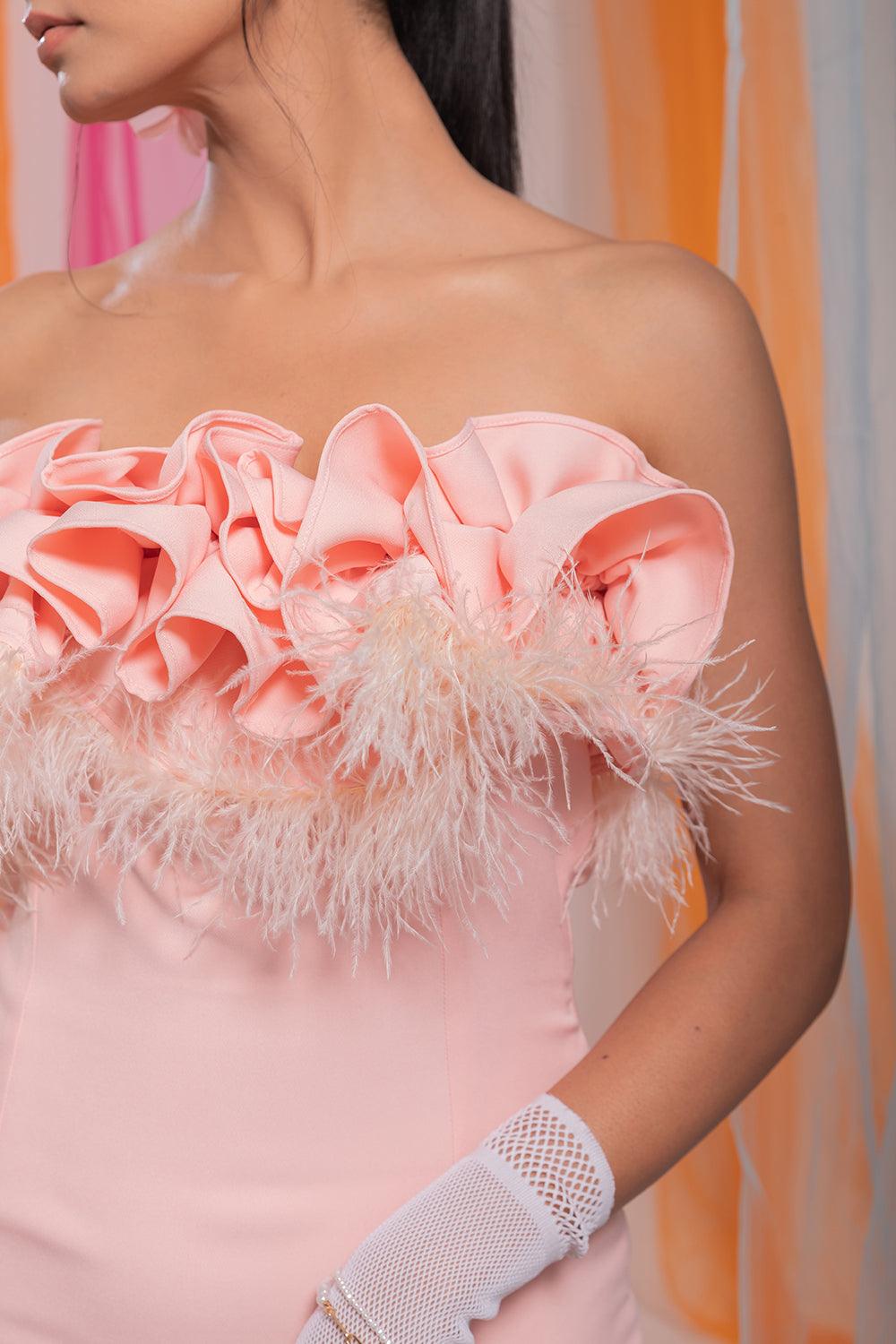 PINK RUFFLE & FEATHER DRESS - LabelIris
