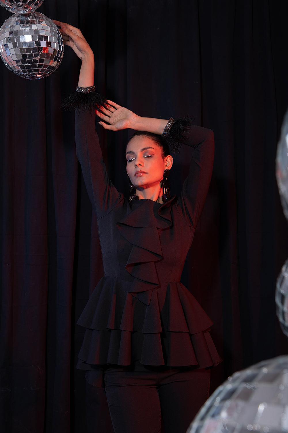 BLACK RUFFLE AND FEATHER TOP - LabelIris