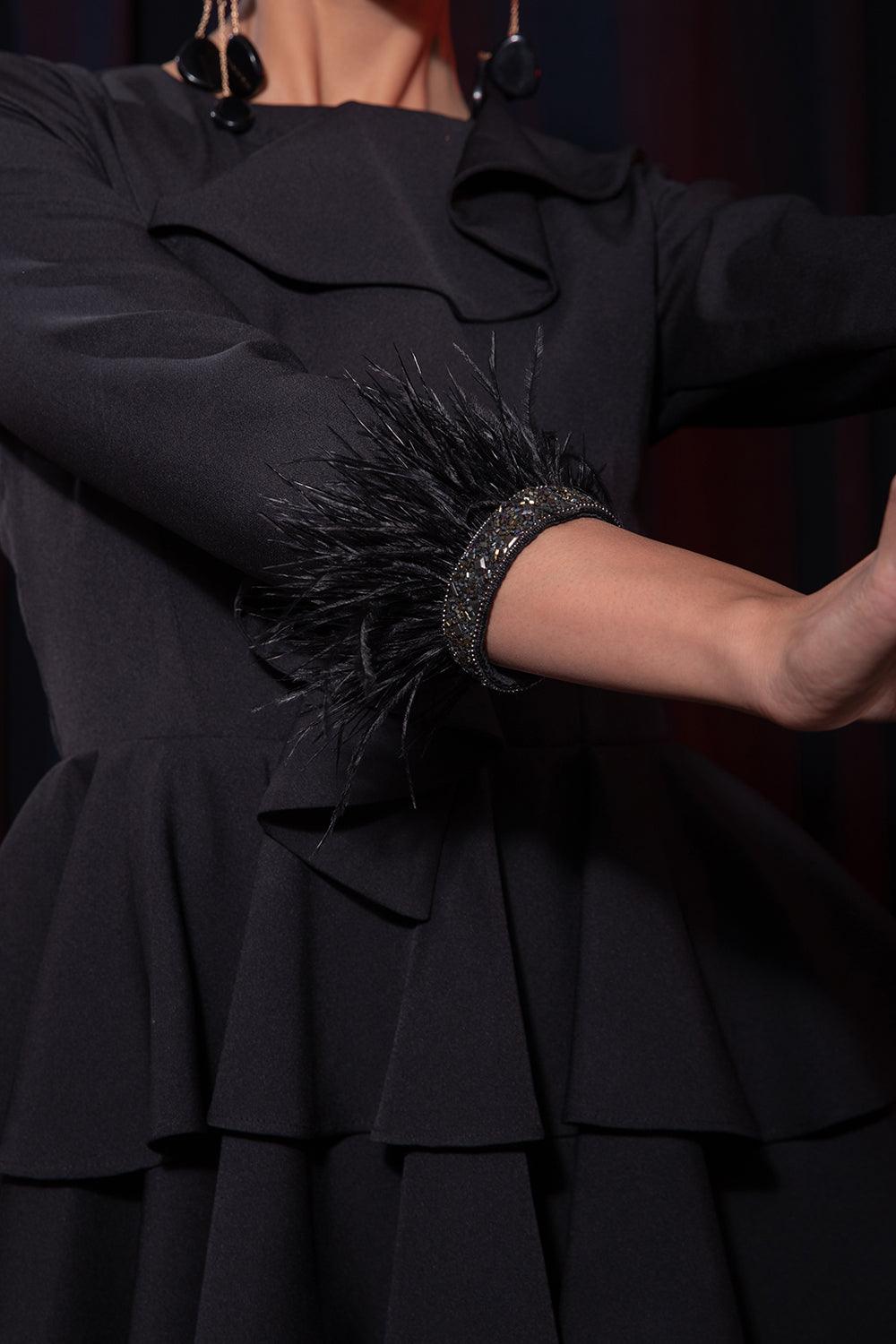 BLACK RUFFLE AND FEATHER TOP - LabelIris