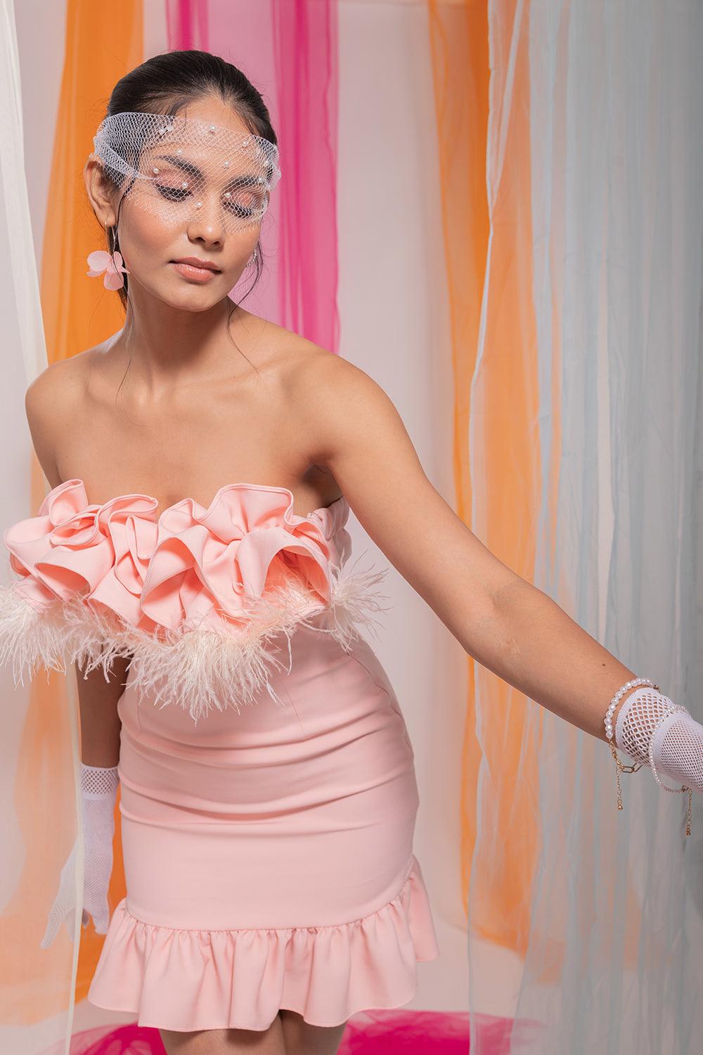 PINK RUFFLE & FEATHER DRESS - LabelIris