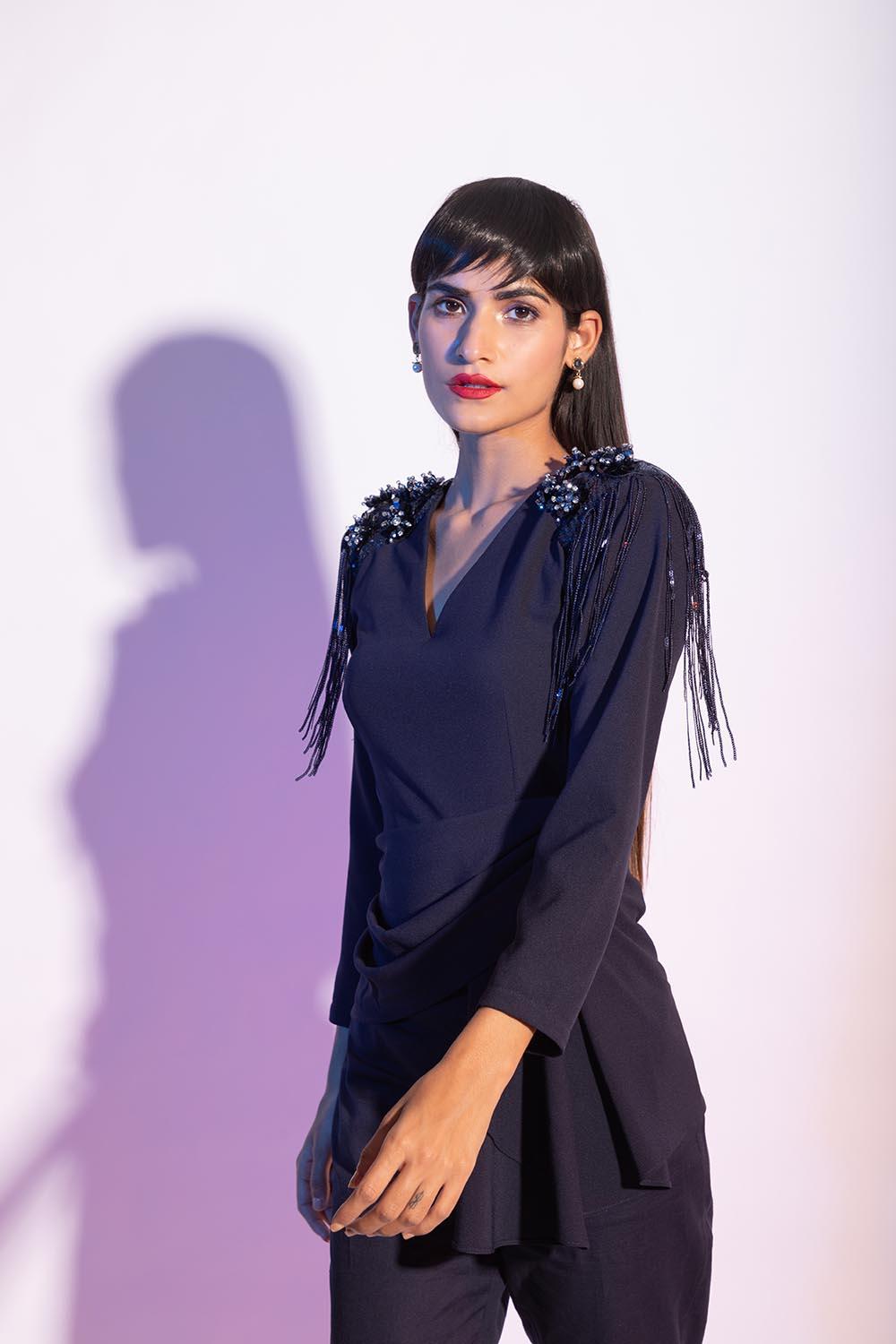 SAKSHI IN NAVY DRAPE CO-ORD SET - LabelIris