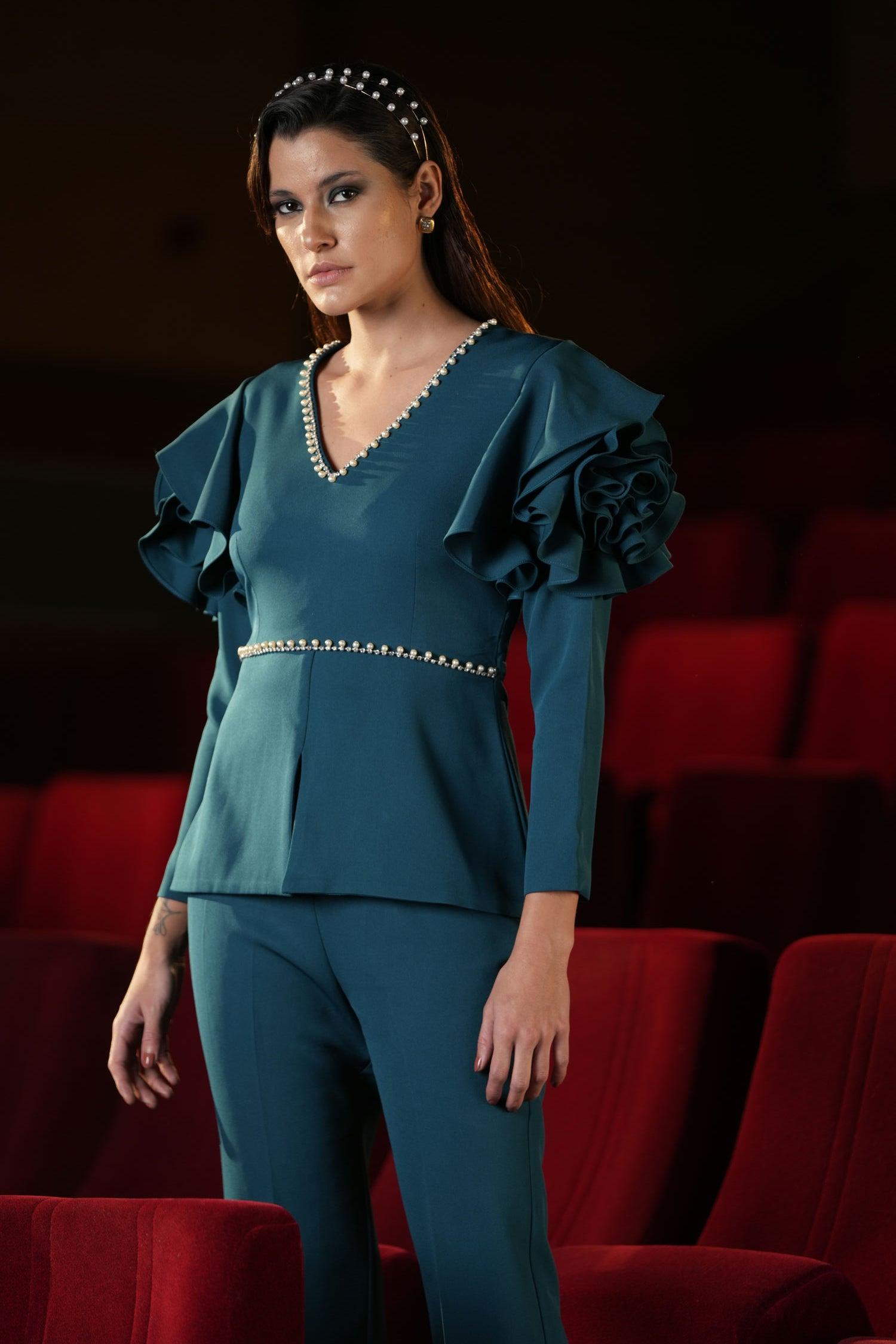 TEAL RUFFLE SLEEVE CO-ORD - LabelIris