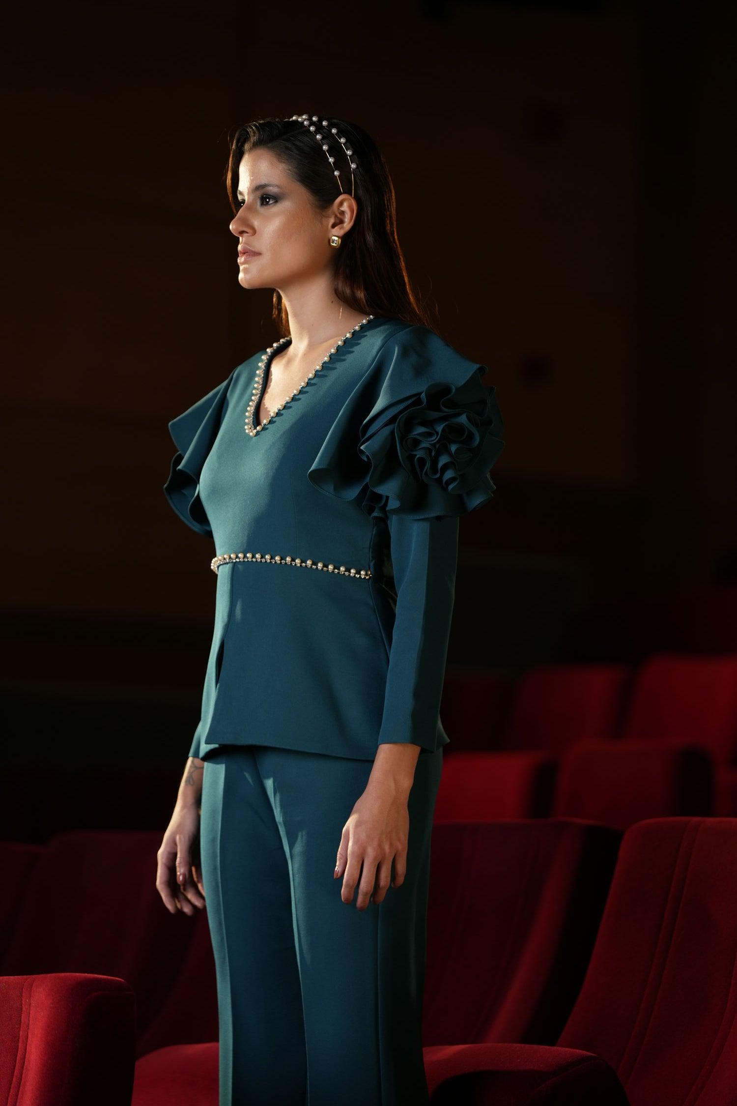 TEAL RUFFLE SLEEVE CO-ORD - LabelIris