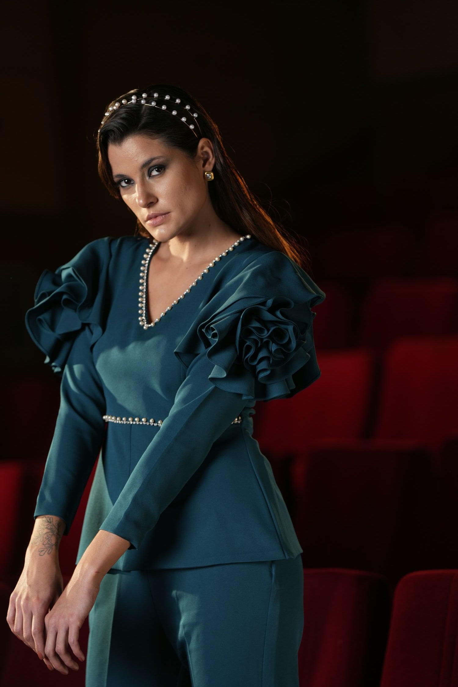 TEAL RUFFLE SLEEVE CO-ORD - LabelIris