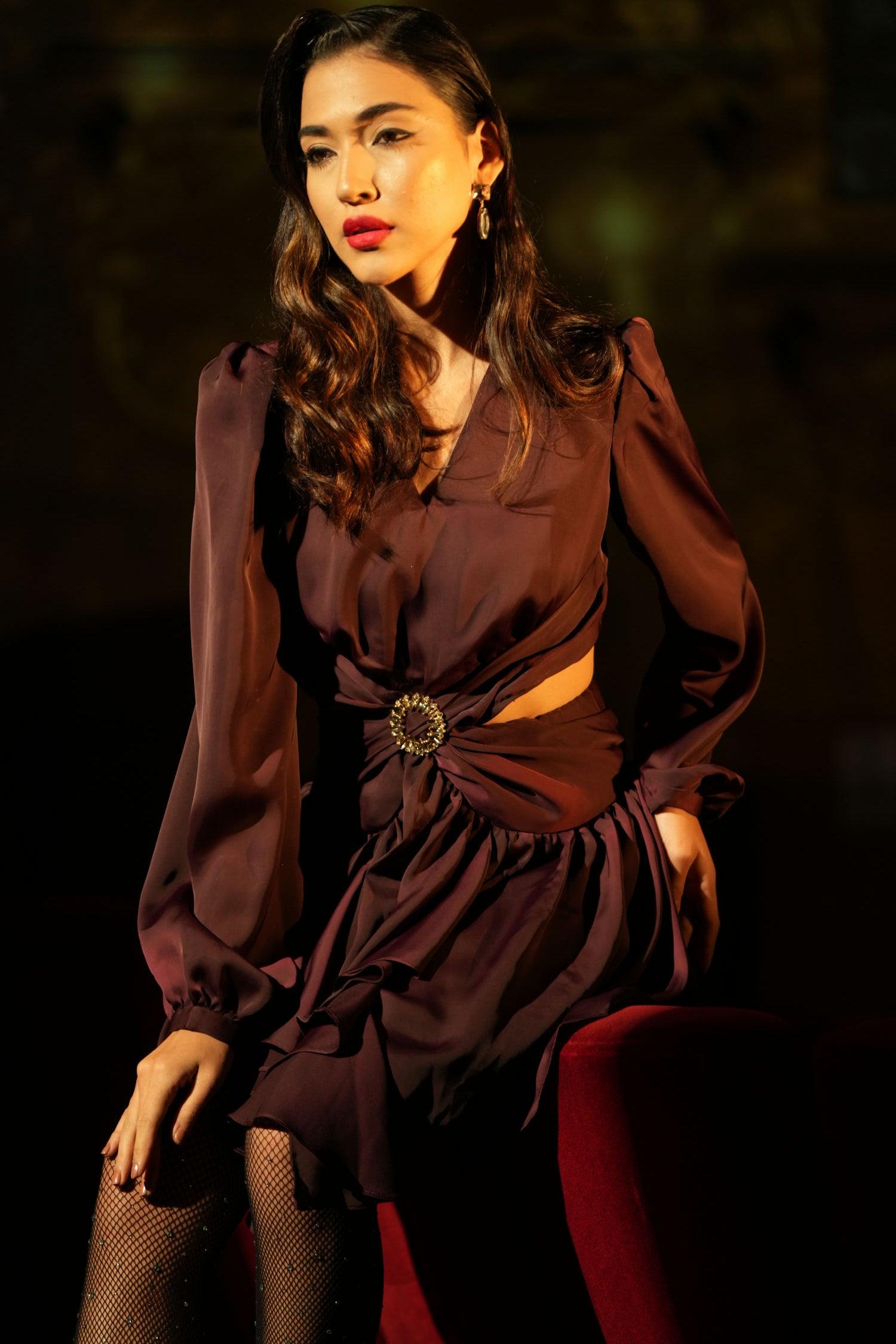 WINE RUFFLE CUT OUT DRESS - LabelIris
