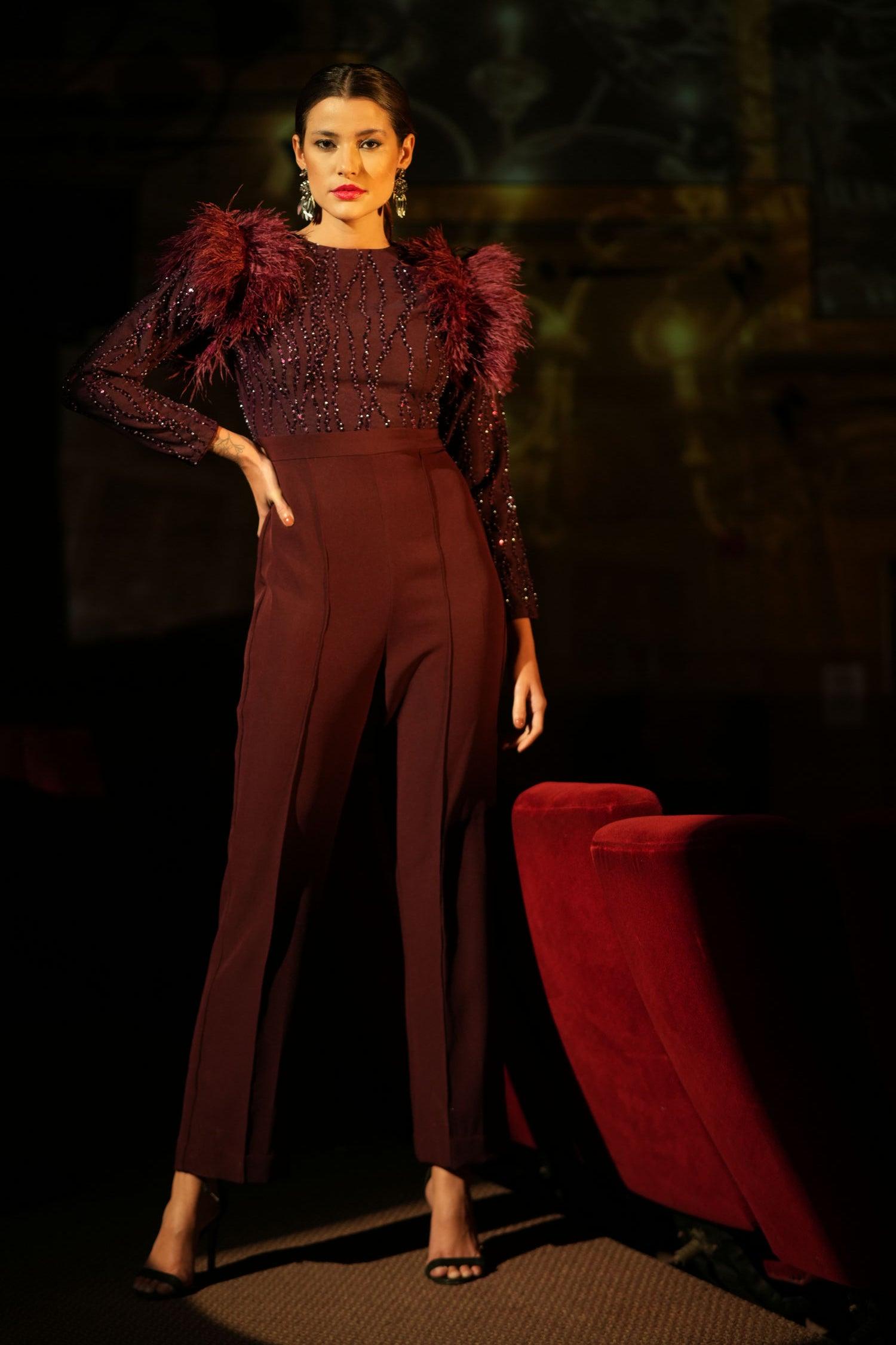 WIINE SEQUIN FEATHER JUMPSUIT - LabelIris