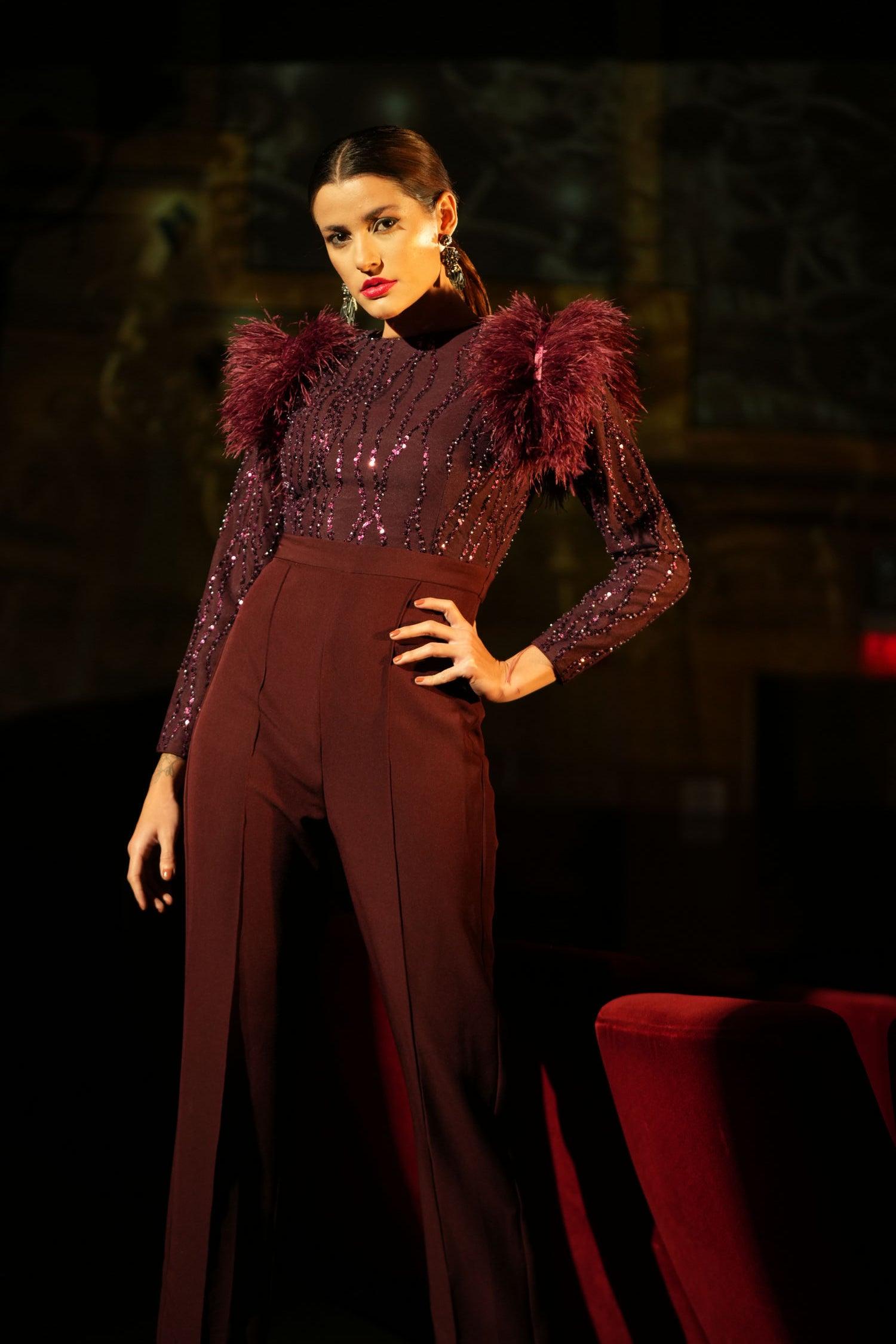 WIINE SEQUIN FEATHER JUMPSUIT - LabelIris