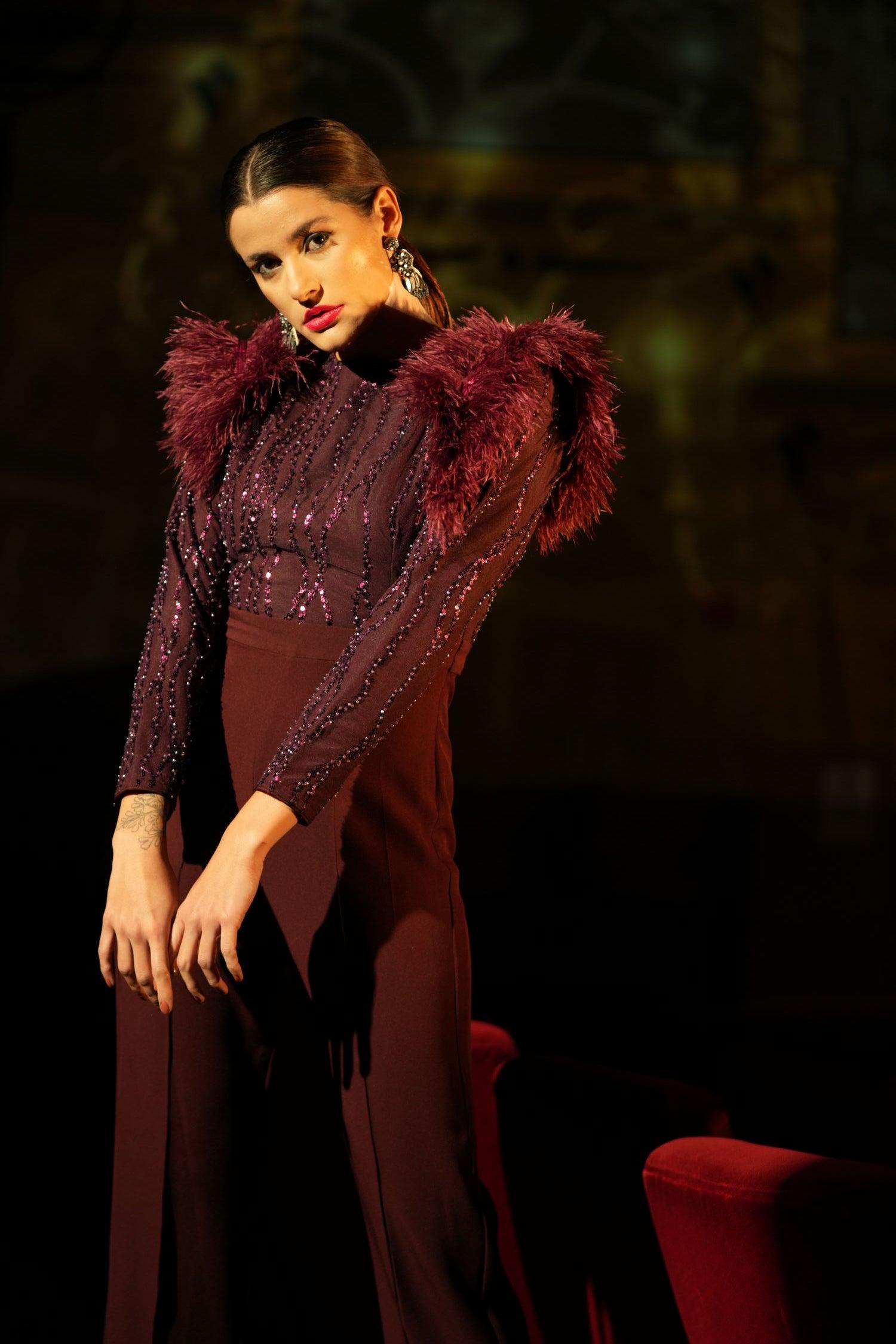 WIINE SEQUIN FEATHER JUMPSUIT - LabelIris