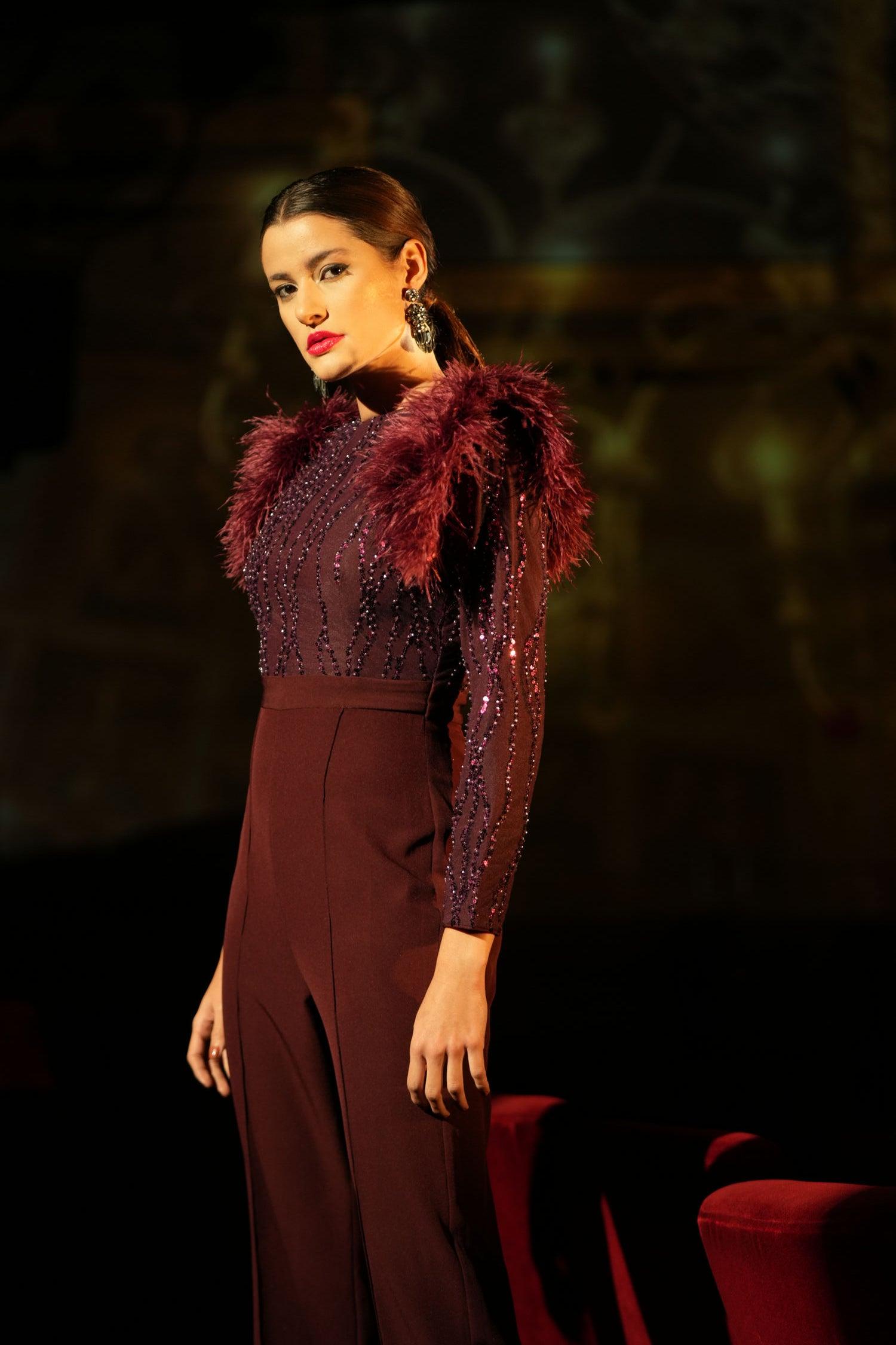 WIINE SEQUIN FEATHER JUMPSUIT - LabelIris
