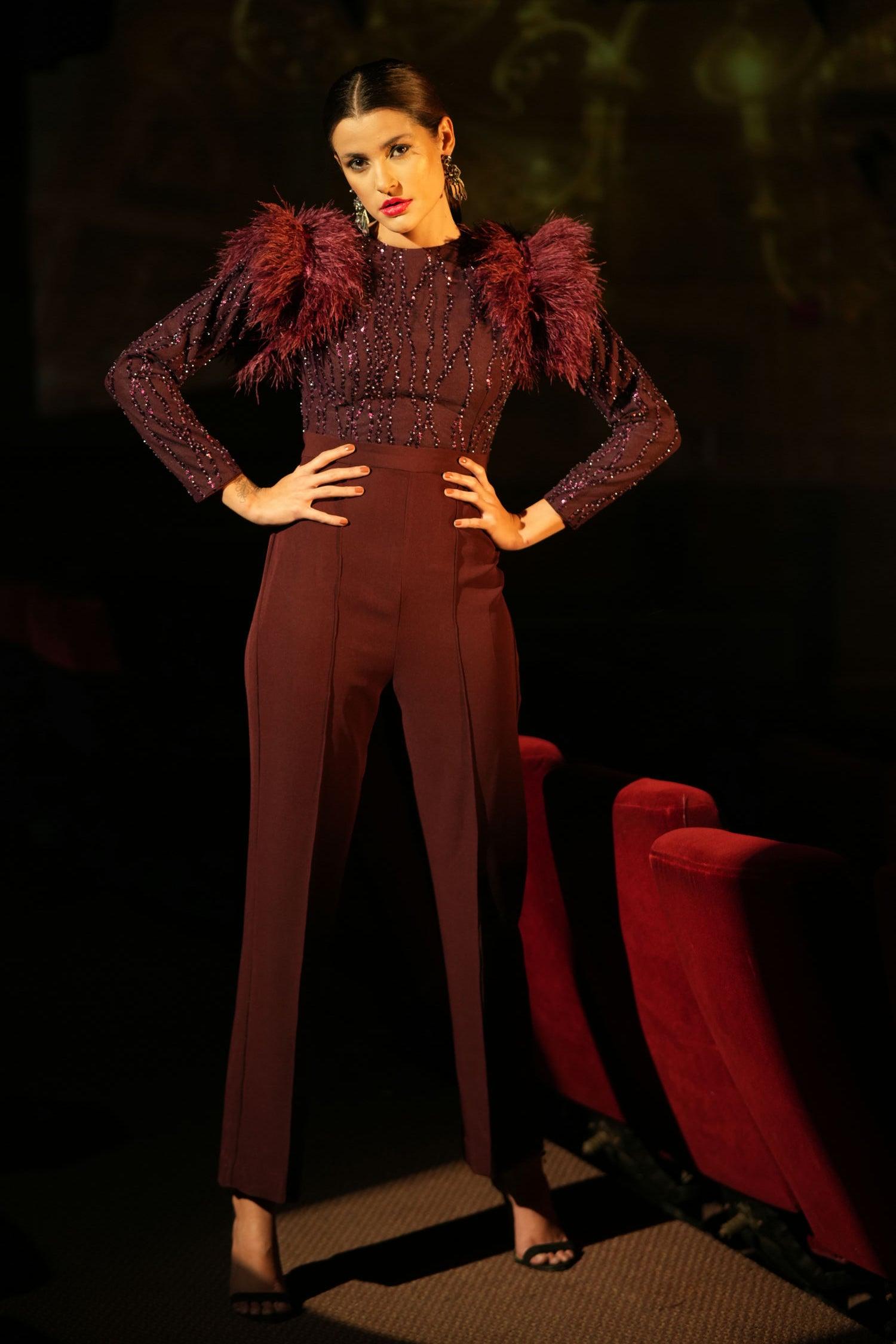 WIINE SEQUIN FEATHER JUMPSUIT - LabelIris