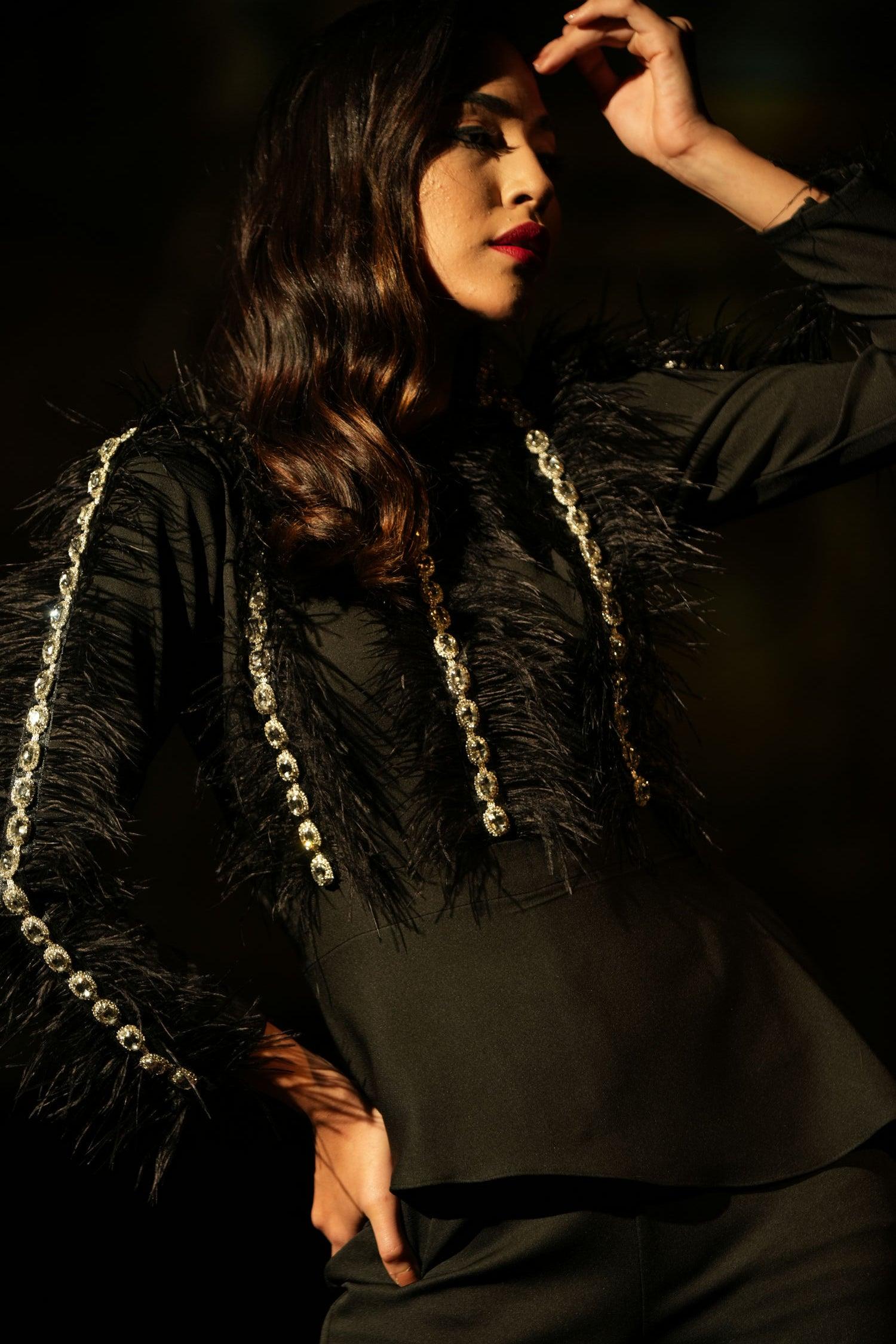 BLACK FEATHER EMBELLISHED JUMPSUIT - LabelIris