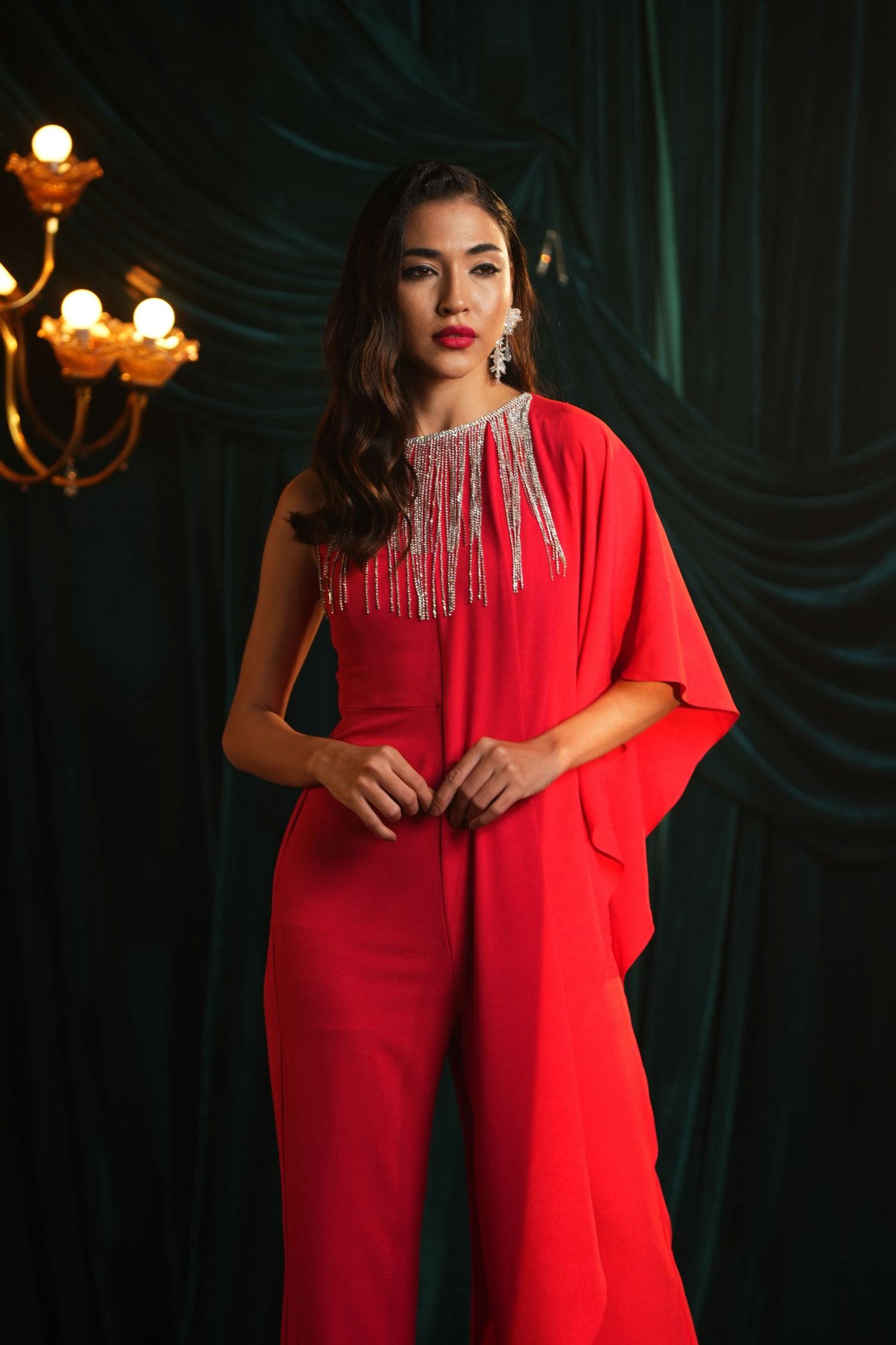 RED DRAPE FRINGE JUMPSUIT SALE - Main Image