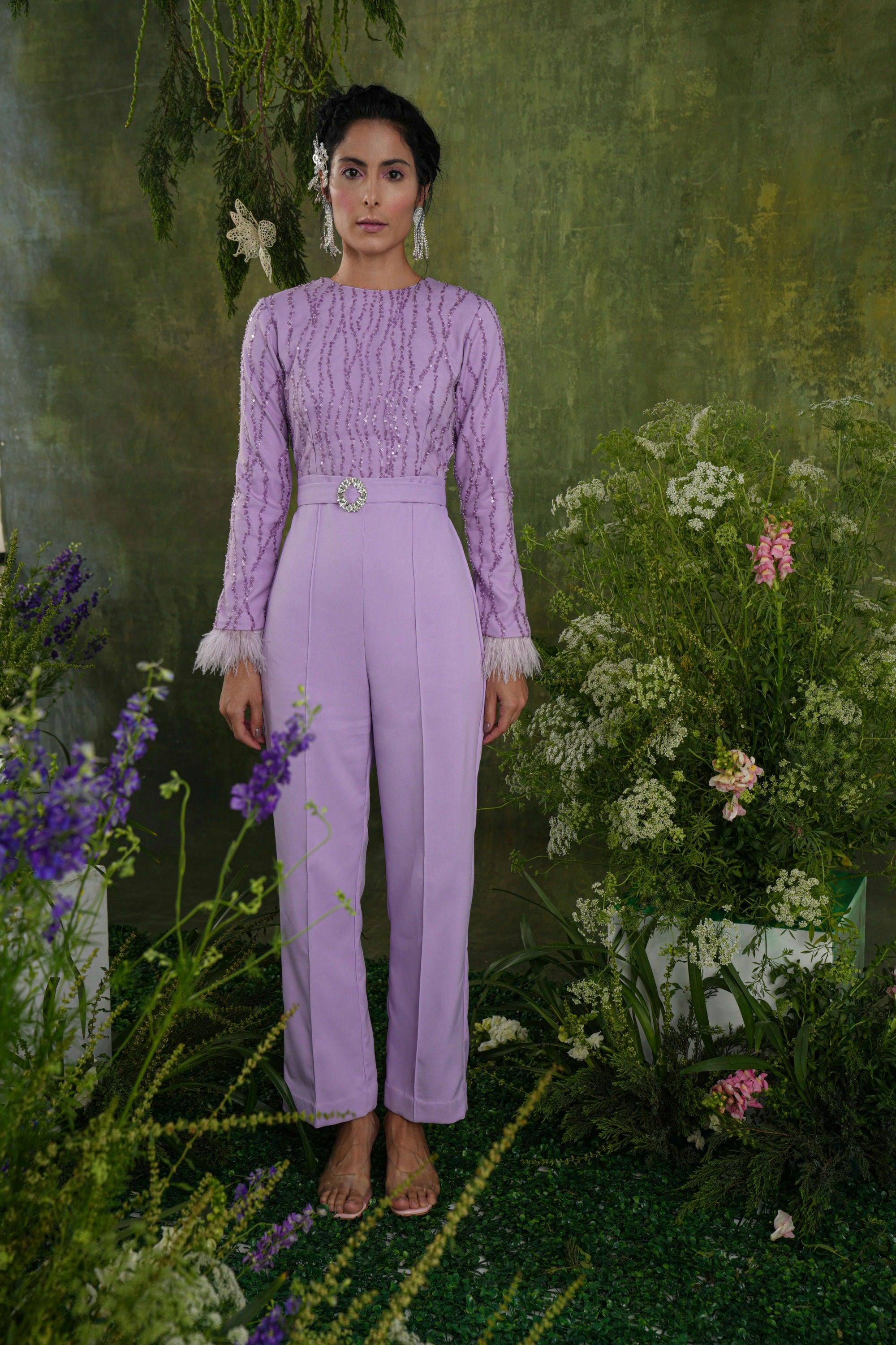 LILAC SEQUIN FEATHER JUMPSUIT