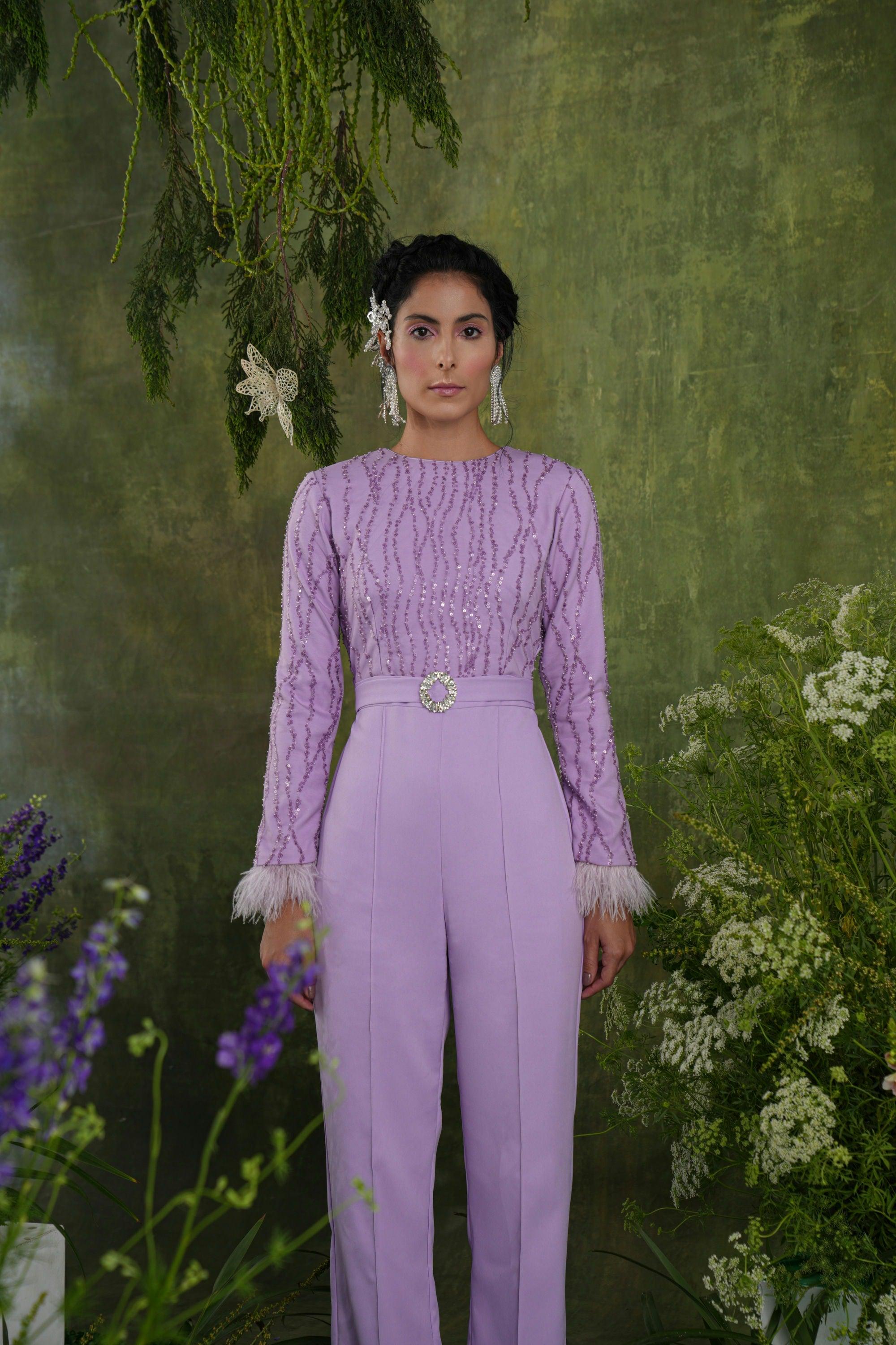 LILAC SEQUIN FEATHER JUMPSUIT