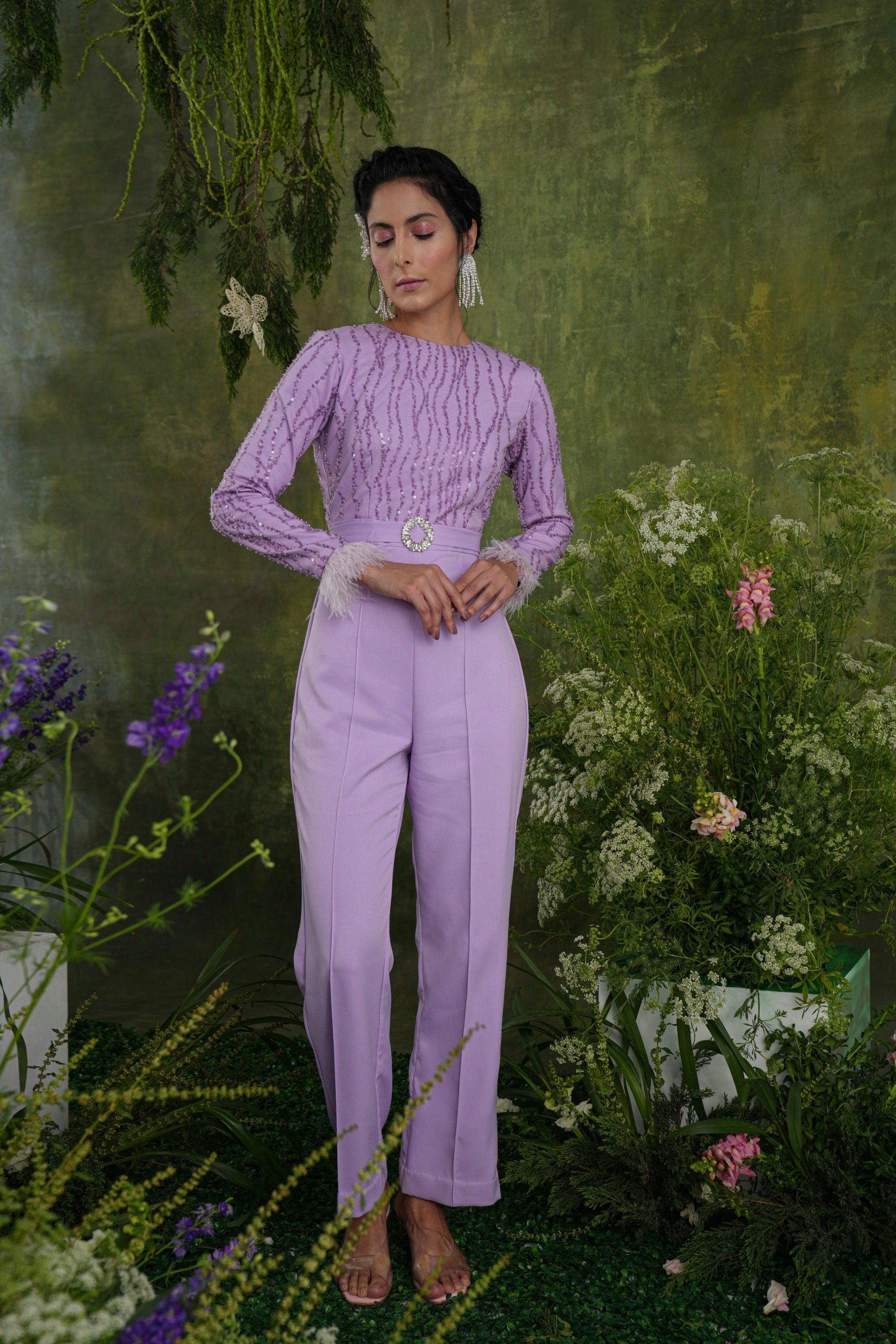 LILAC SEQUIN FEATHER JUMPSUIT