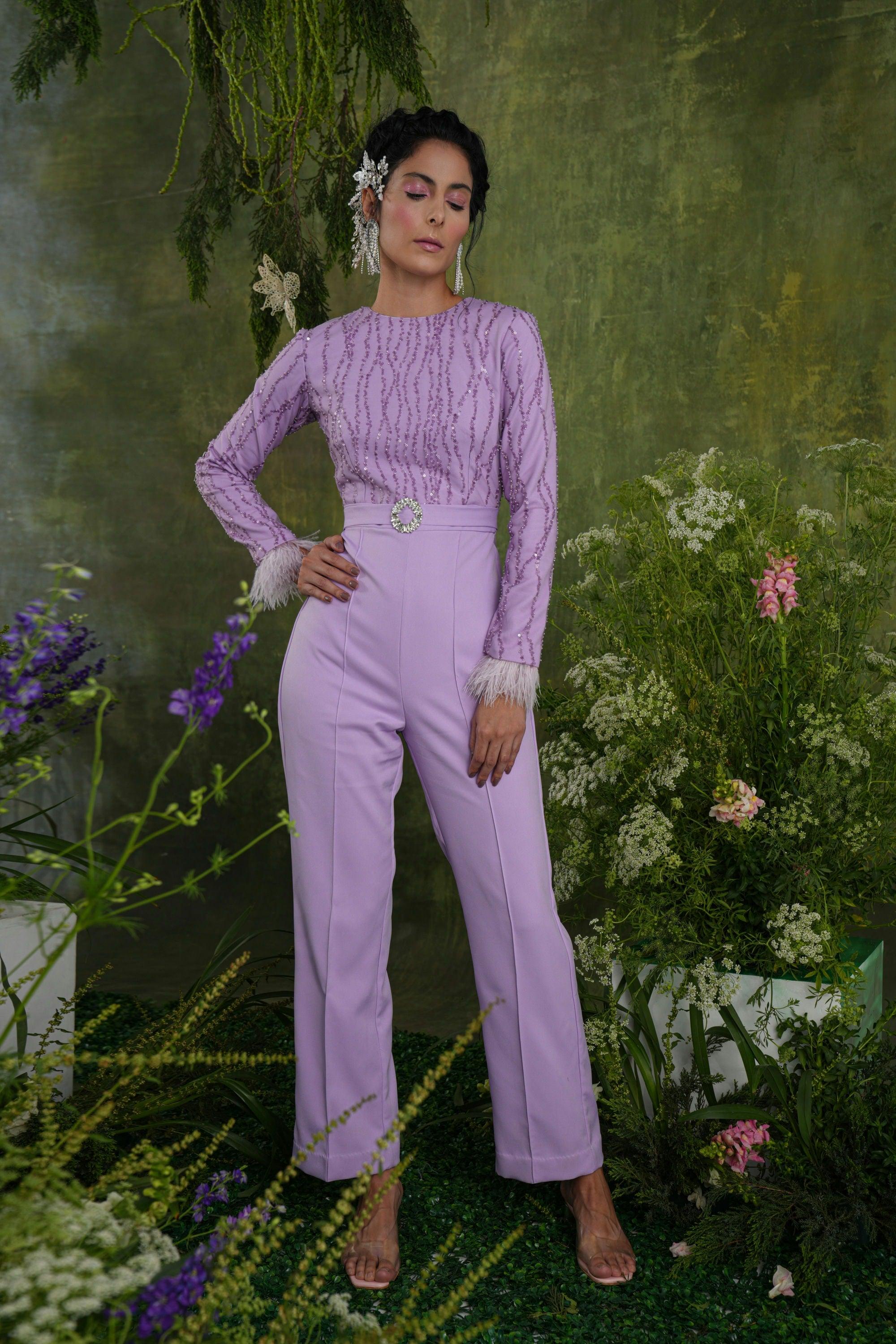 LILAC SEQUIN FEATHER JUMPSUIT