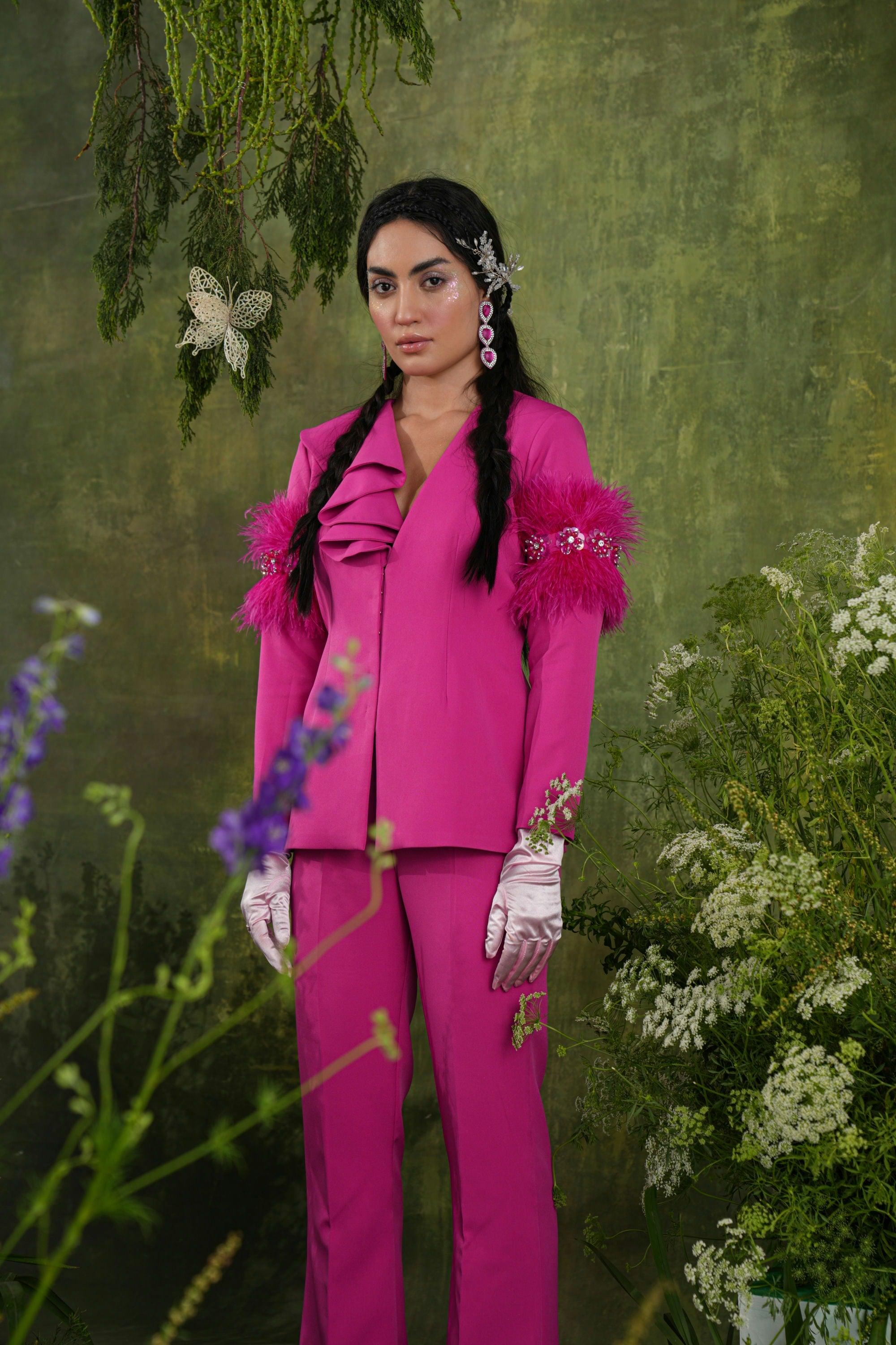 FUSCHIA PINK FEATHER SUIT SET