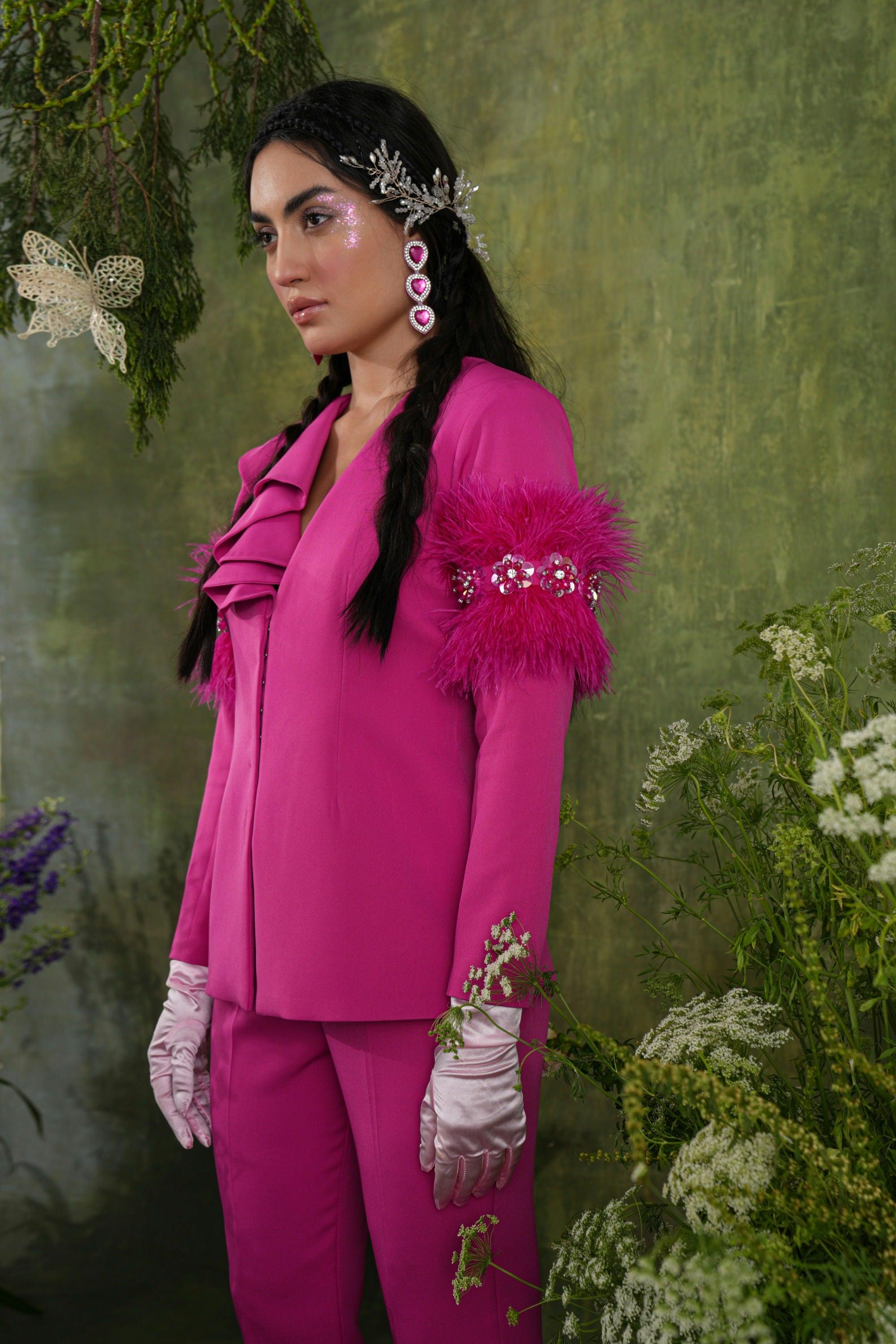 FUSCHIA PINK FEATHER SUIT SET