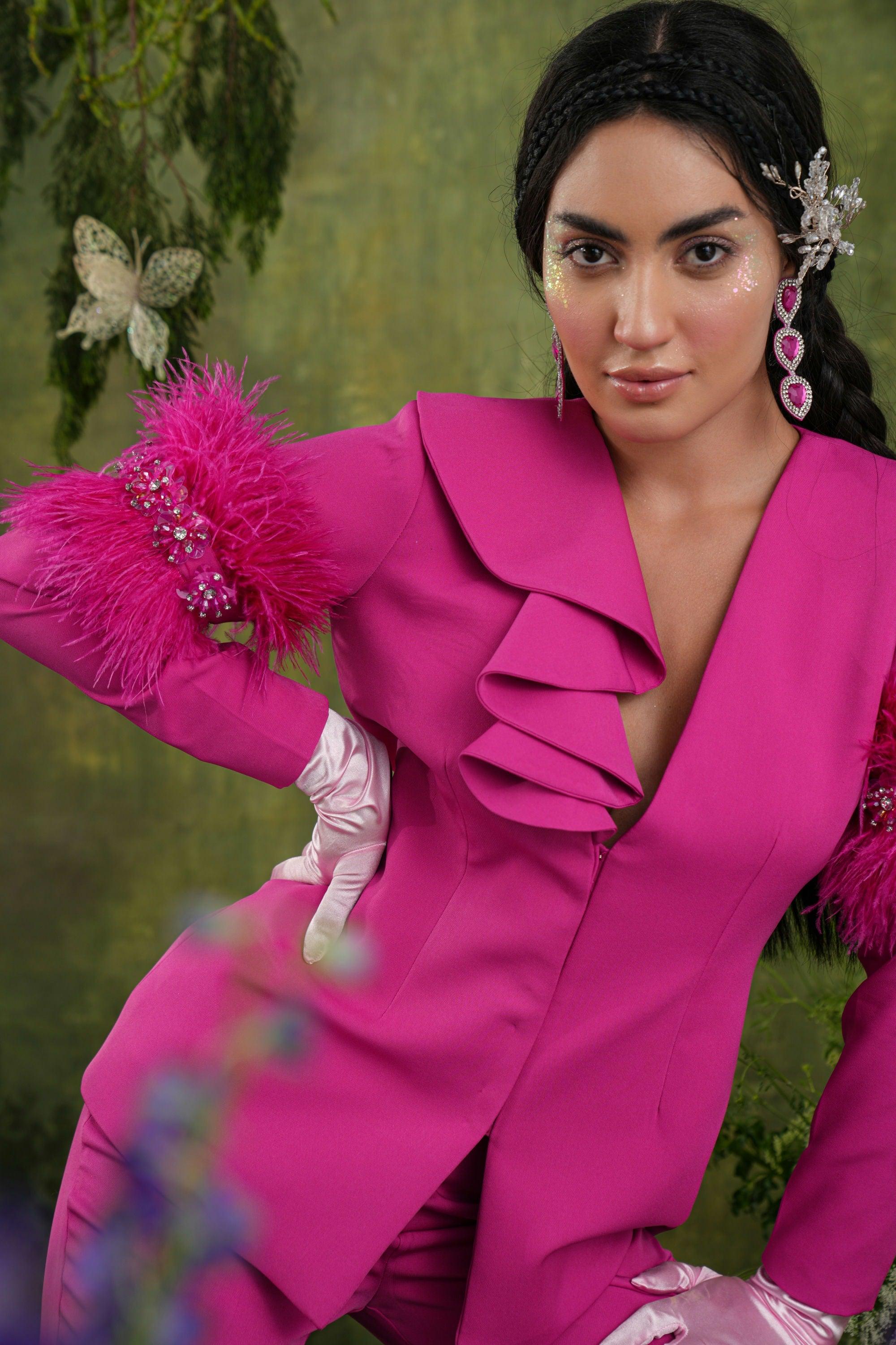 FUSCHIA PINK FEATHER SUIT SET