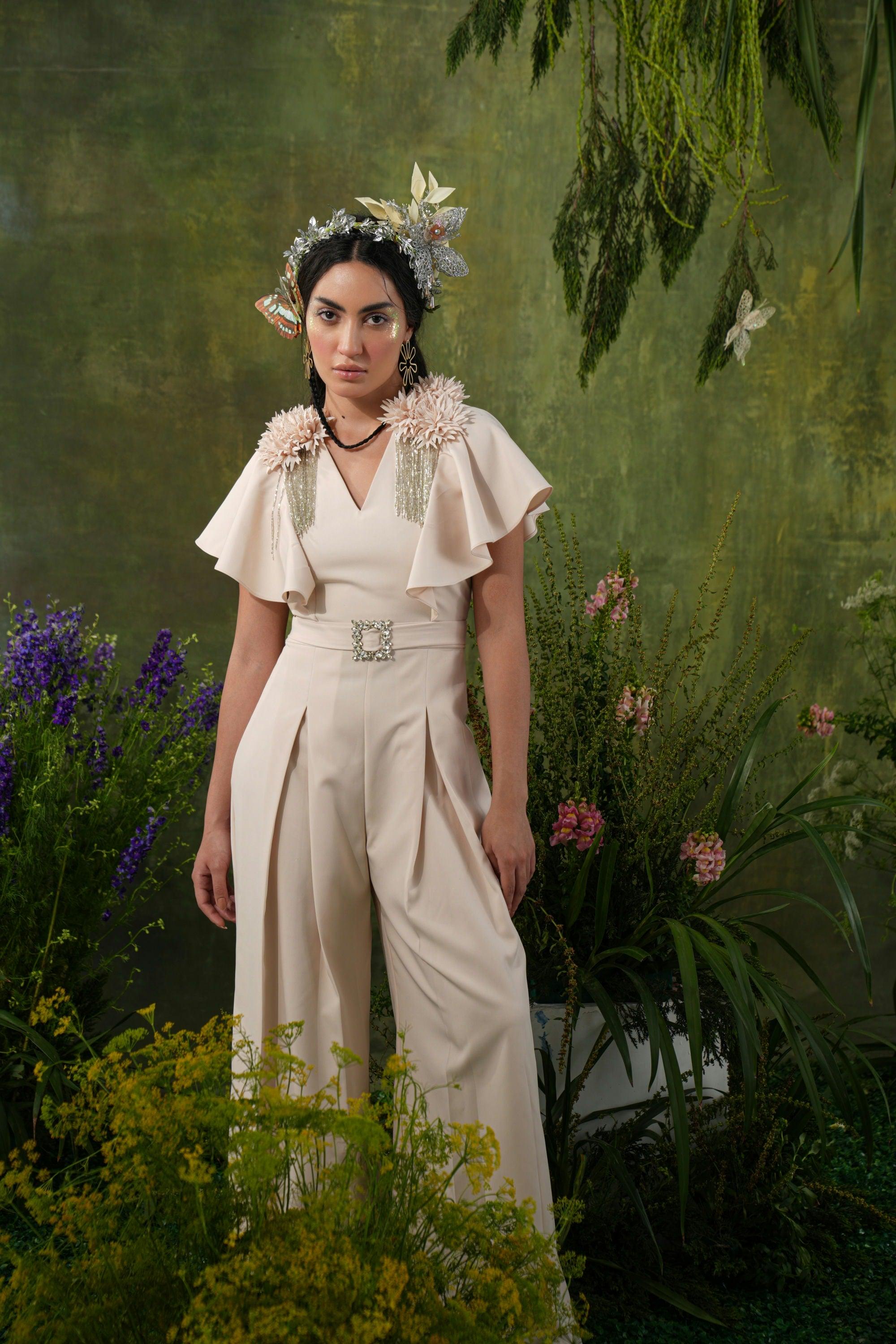 CREAM EMBELLISHED PLEATED JUMPSUIT