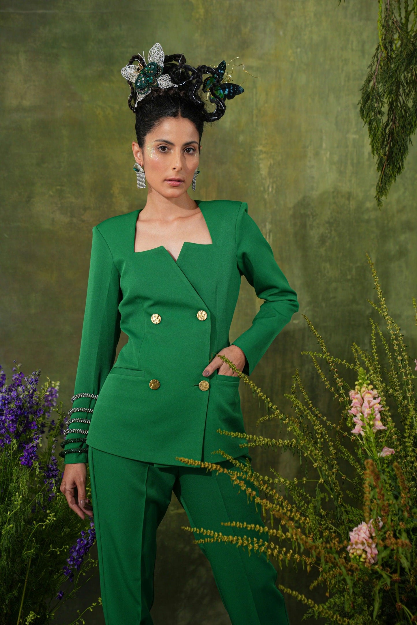 GREEN DOUBLE BREAST BLAZER SET