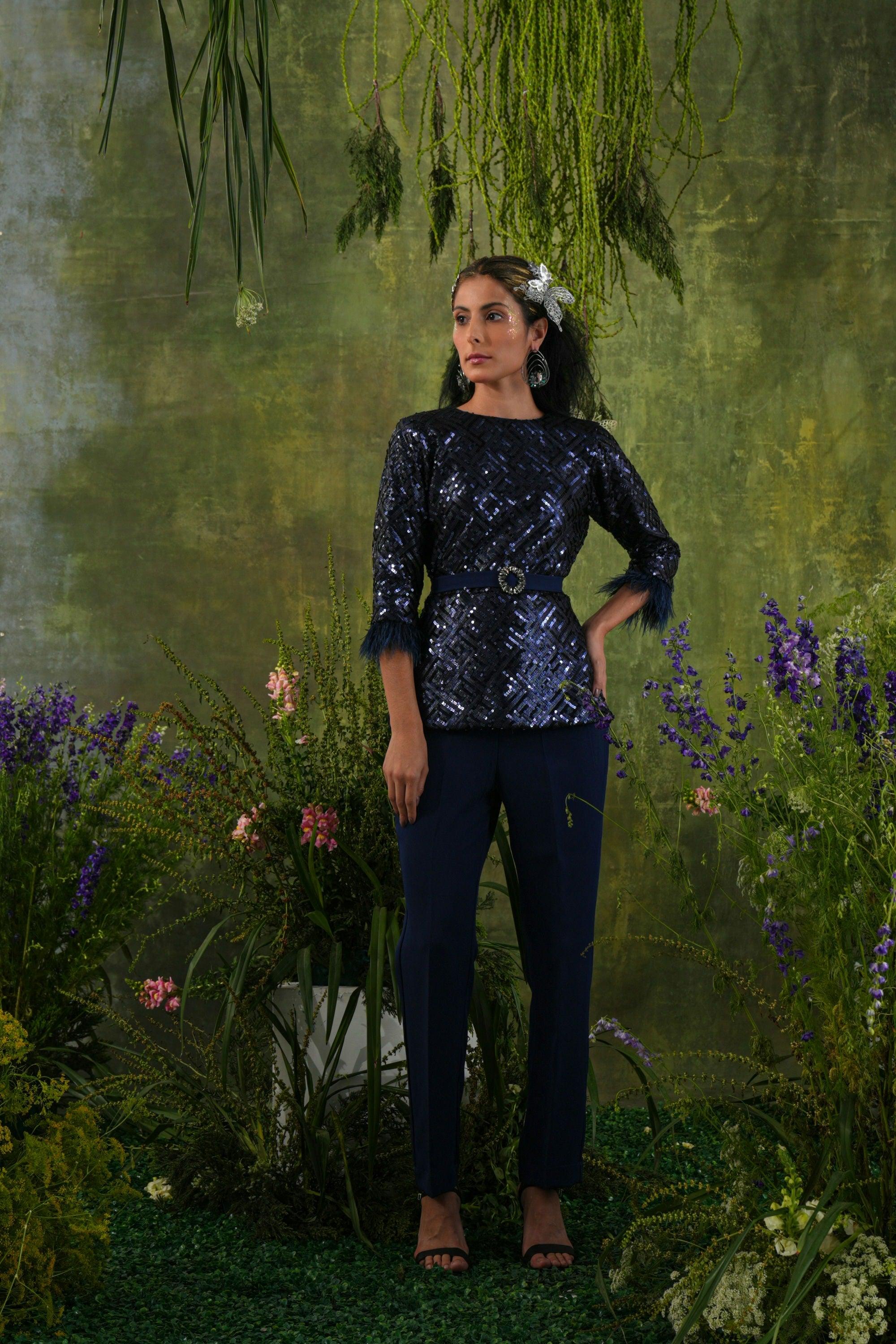 NAVY SEQUIN FEATHER CO-ORD SET
