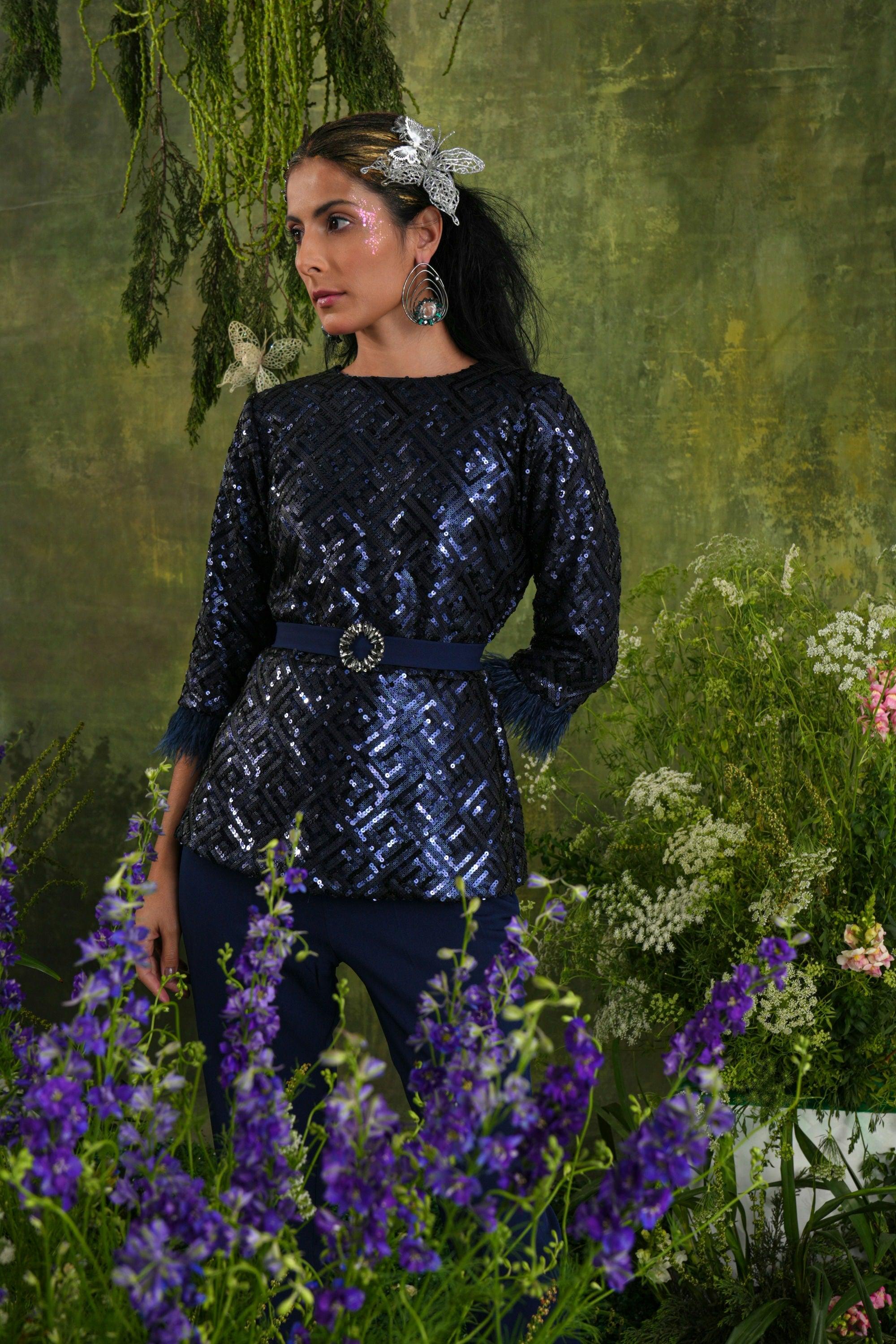 NAVY SEQUIN FEATHER CO-ORD SET