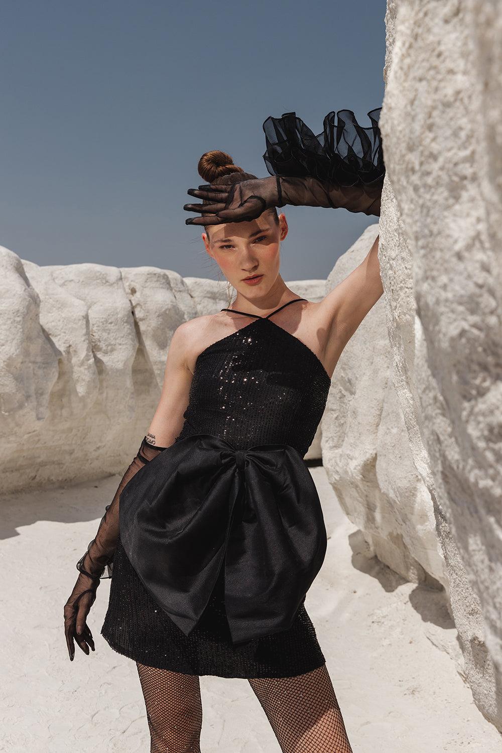 BLACK SEQUIN BOW DRESS