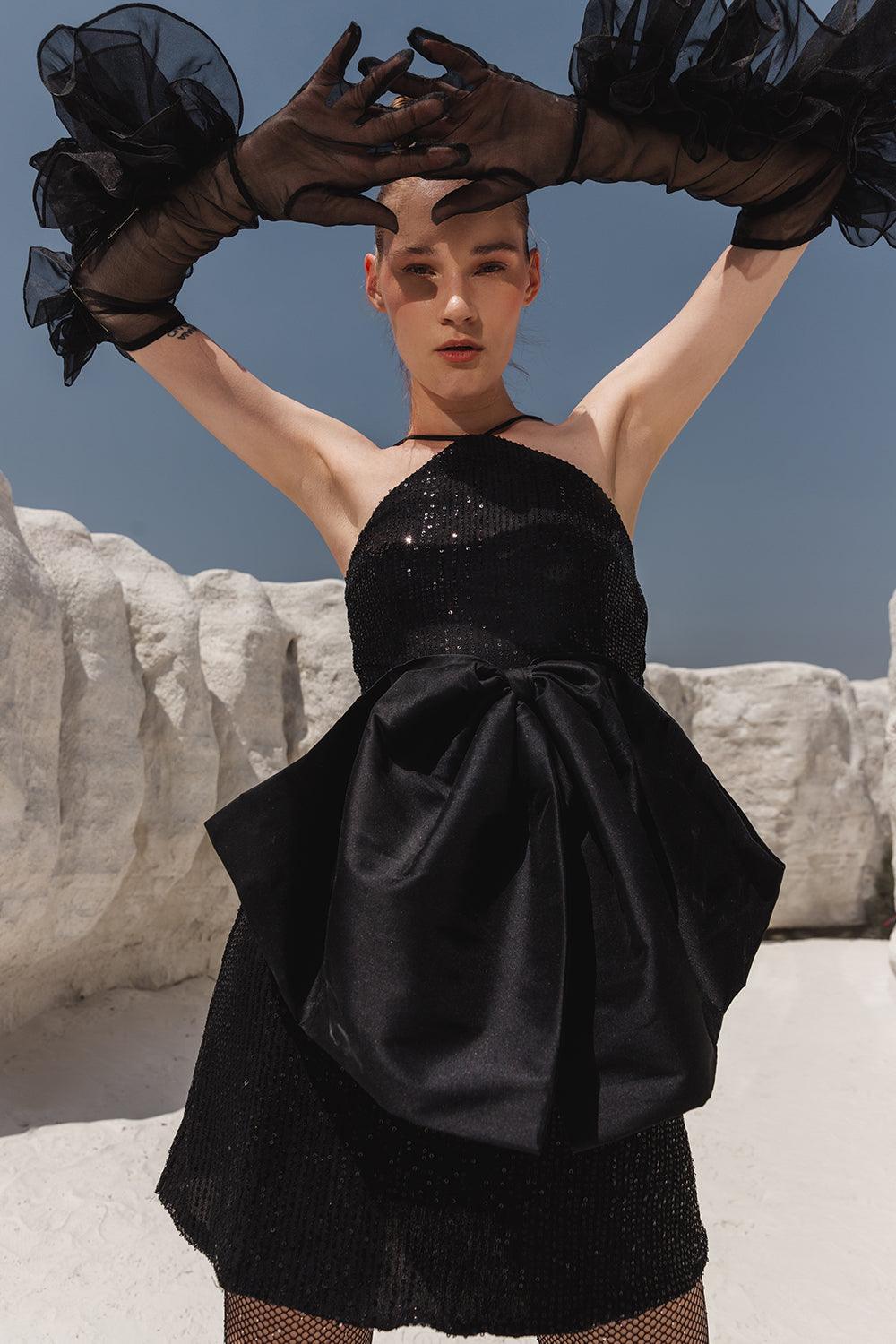 BLACK SEQUIN BOW DRESS - LabelIris