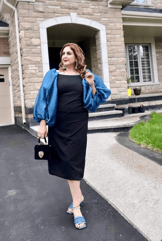 MEENAKSHI DUTT IN BLACK & BLUE ORGANZA SLEEVE DRESS