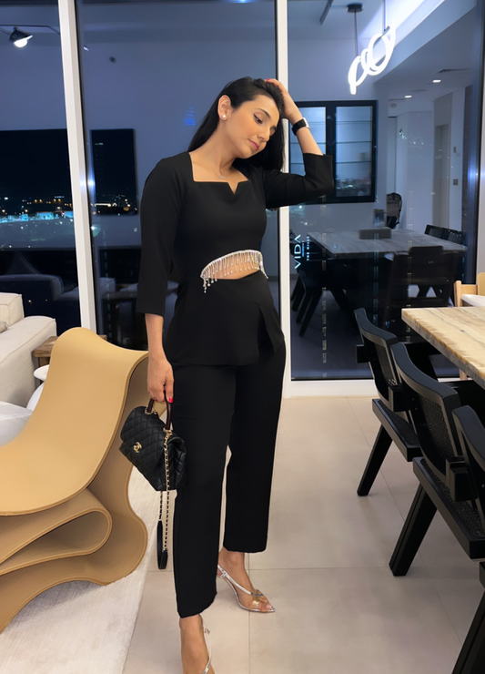 MASOOM MINAWALA IN BLACK  EMBELLISHED CUT-OUT CO-ORD SET