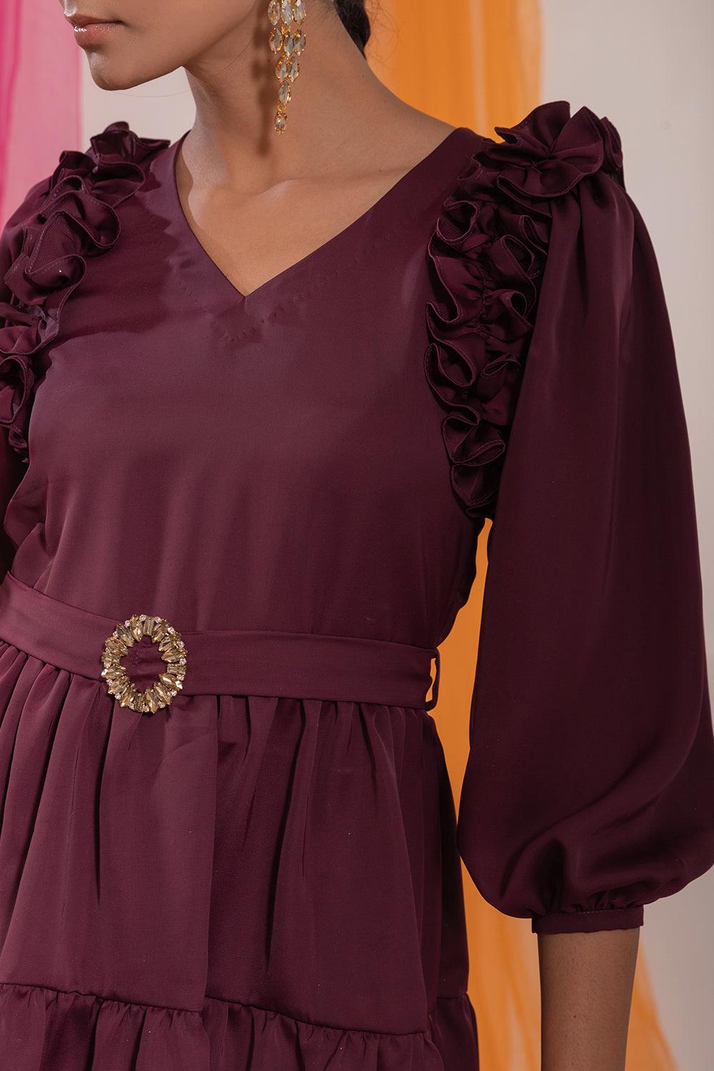 WINE RUFFLE DRESS - LabelIris
