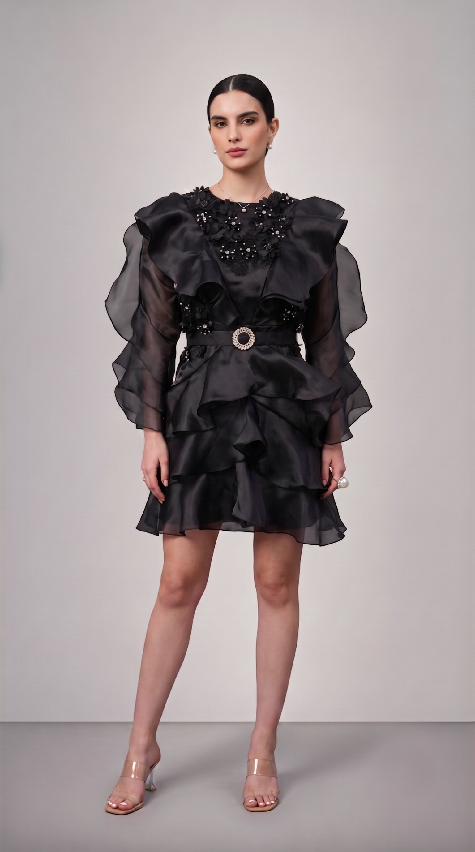 BLACK EMBELLISHED RUFFLE ORGANZA DRESS - SALE