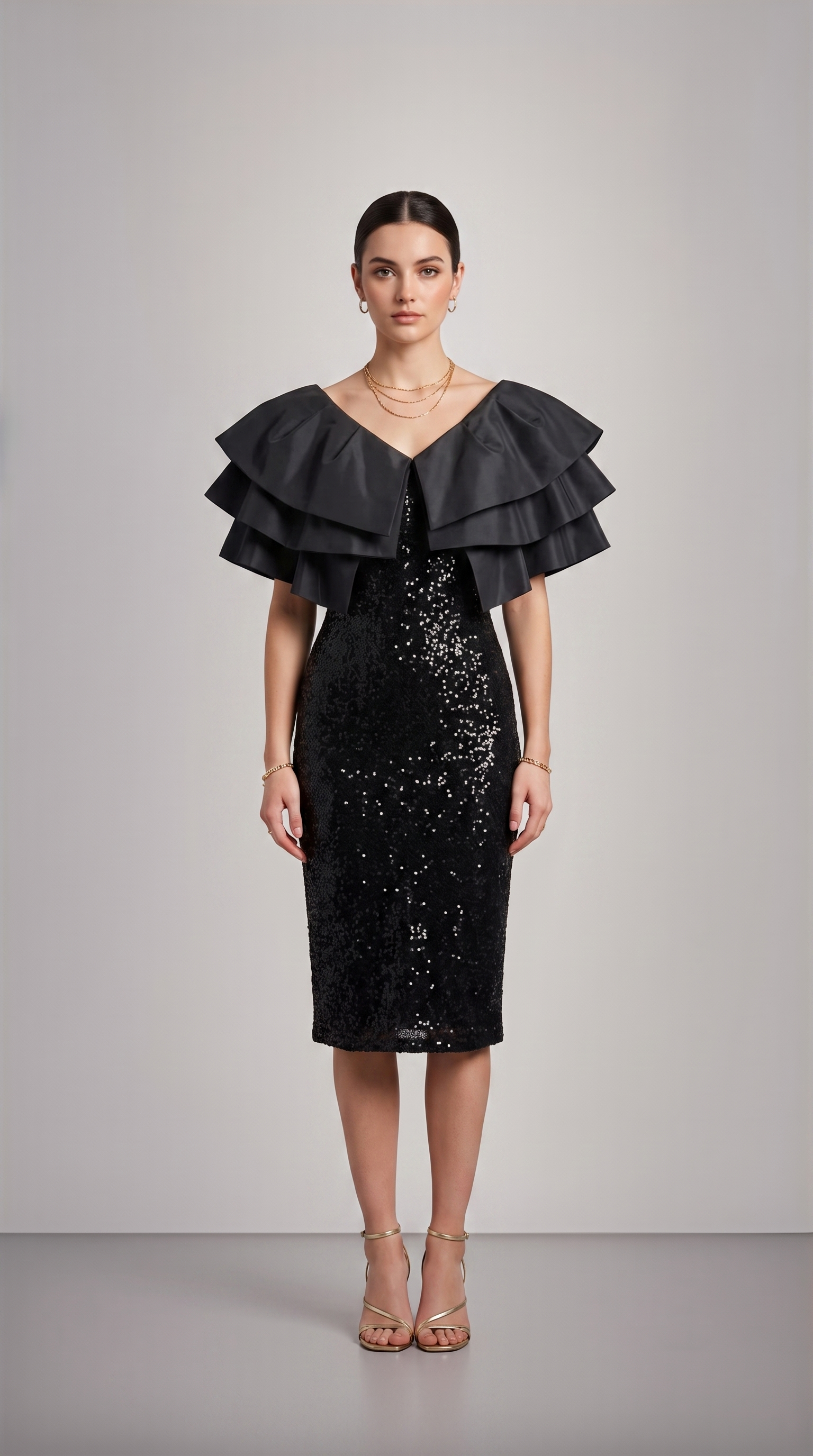 BLACK SEQUIN SATIN RUFFLE MIDI - SALE