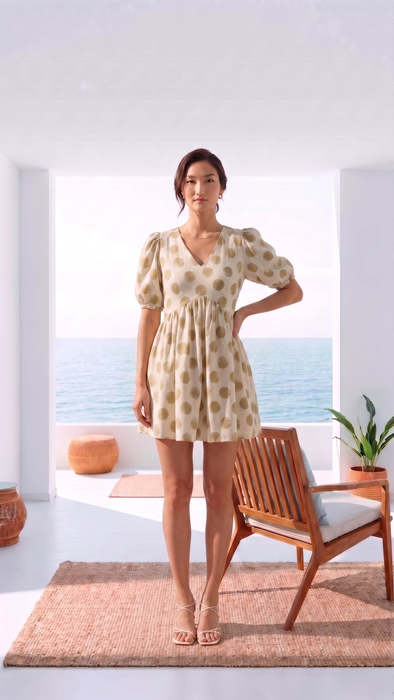 CREAM POLKA GATHERED DRESS