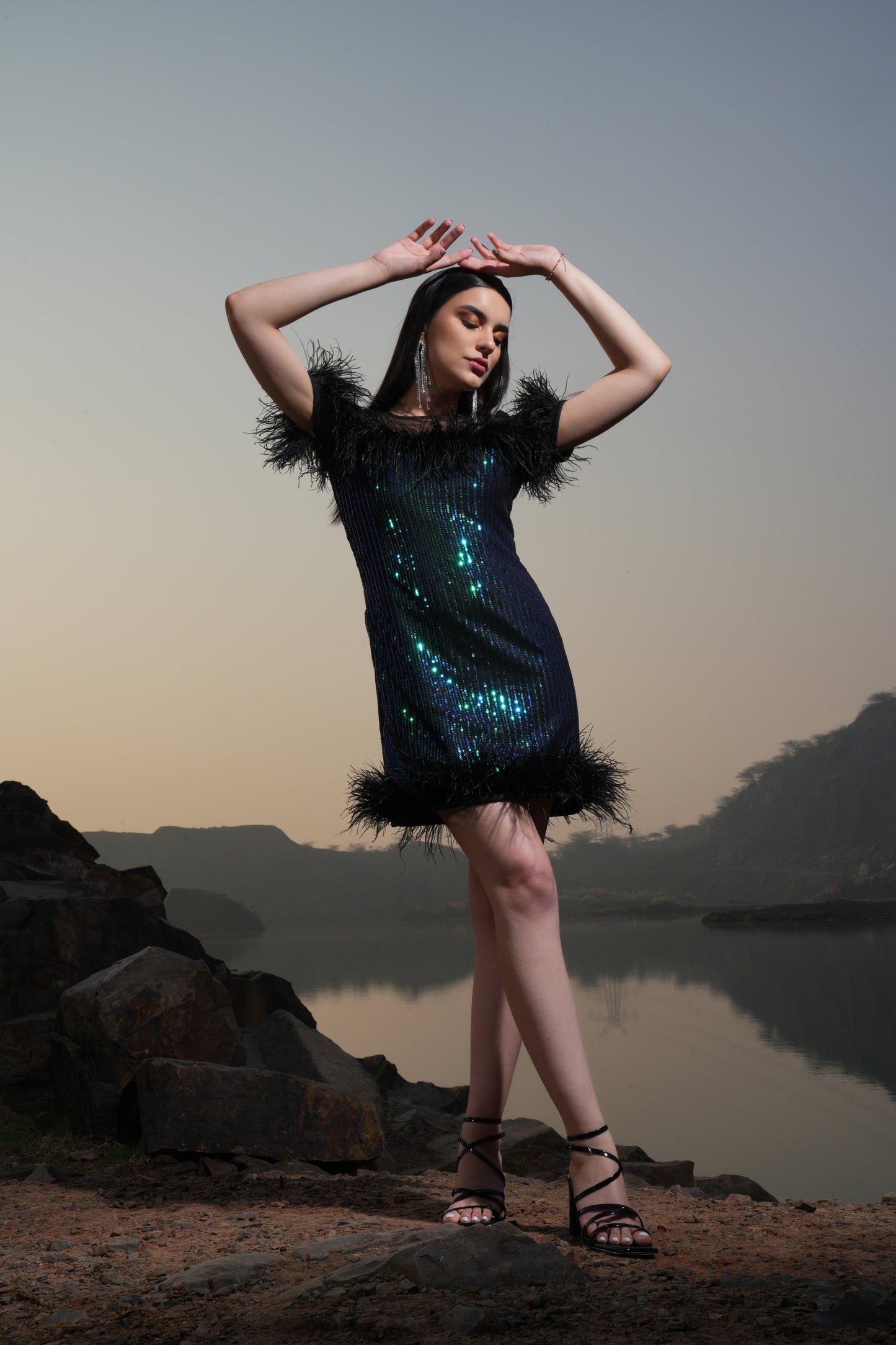 BLACK RAINBOW SEQUIN  FEATHER DRESS - SALE