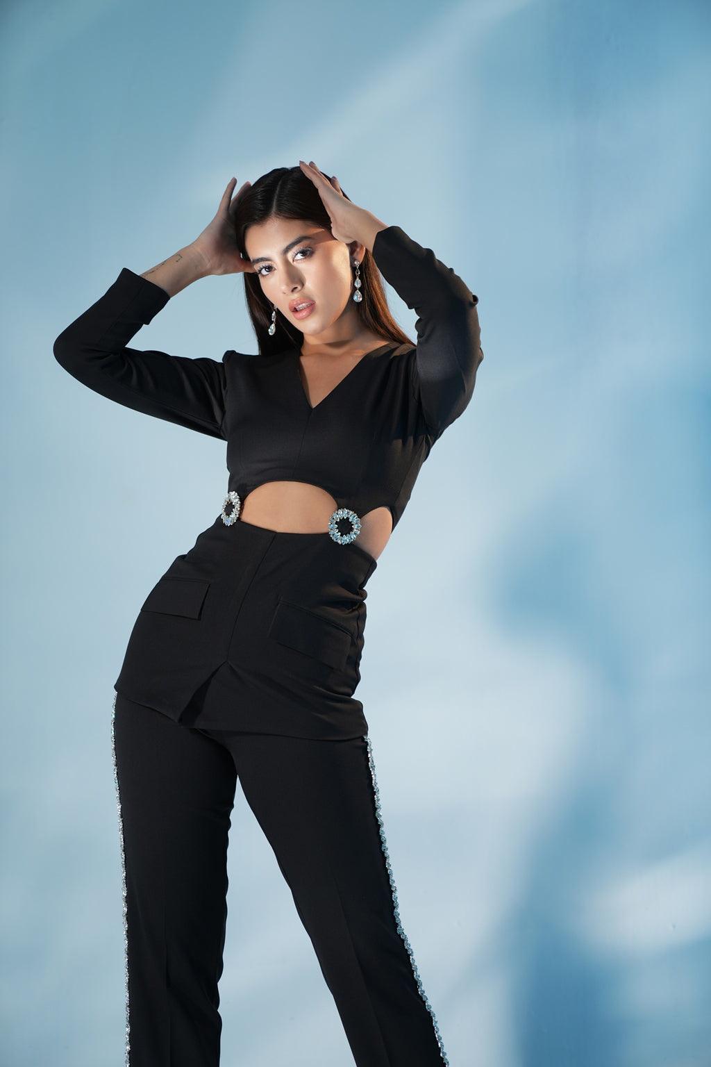 KRISHNA TALESARA IN BLACK BUCKLE CO-ORD SET