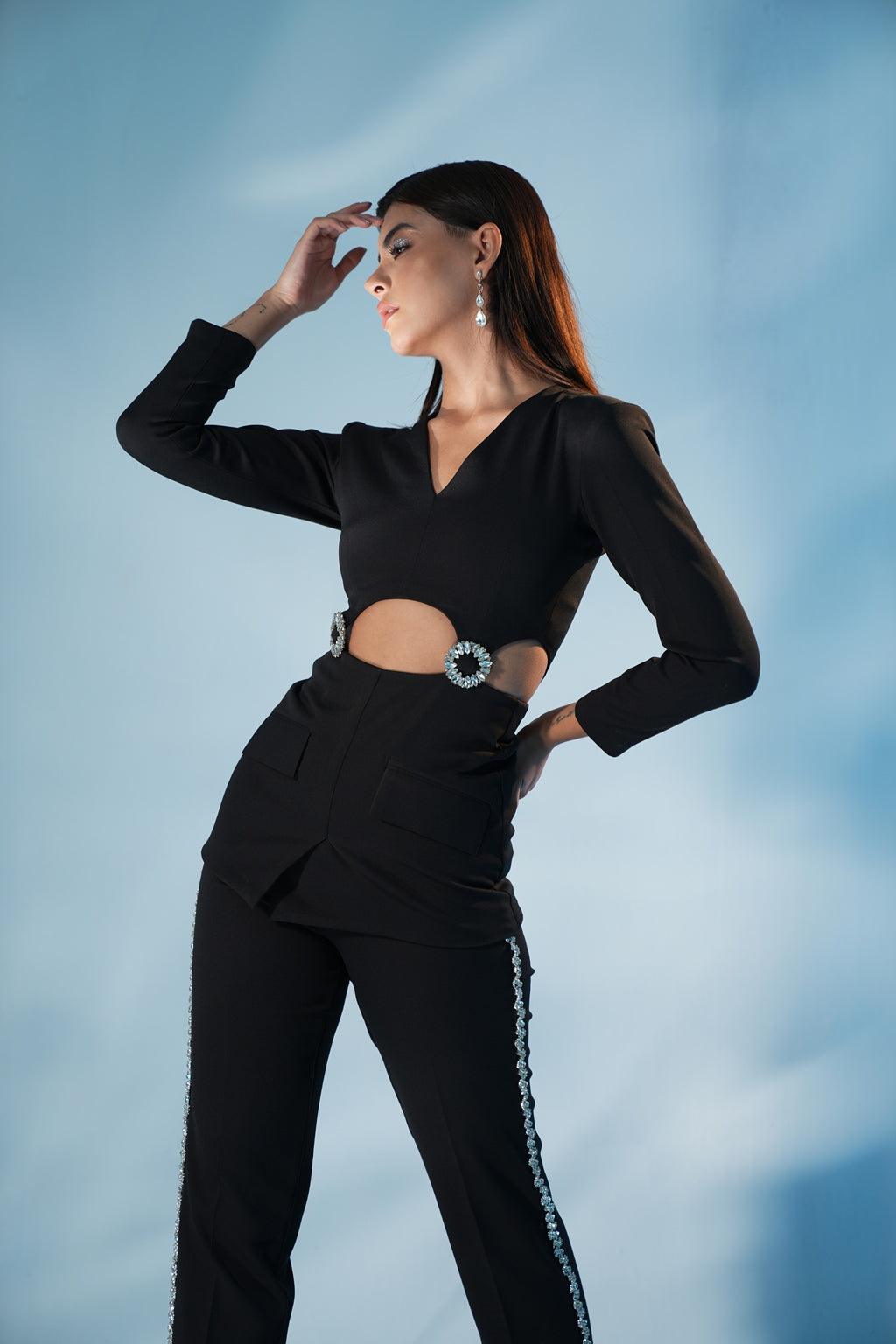 KRISHNA TALESARA IN BLACK BUCKLE CO-ORD SET