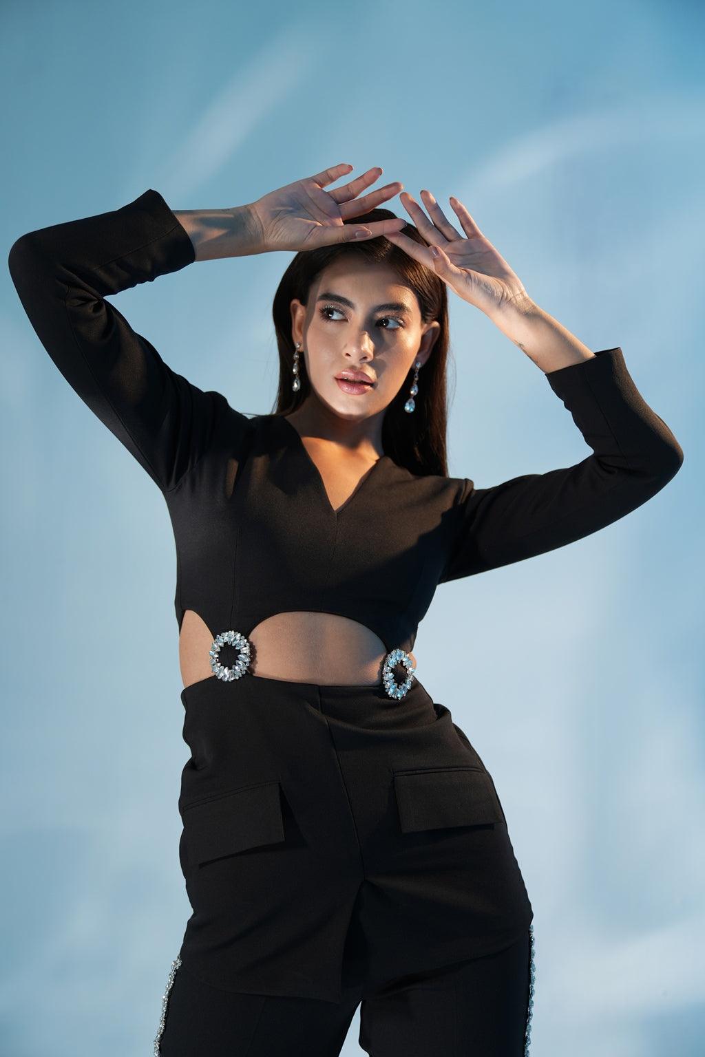 KRISHNA TALESARA IN BLACK BUCKLE CO-ORD SET