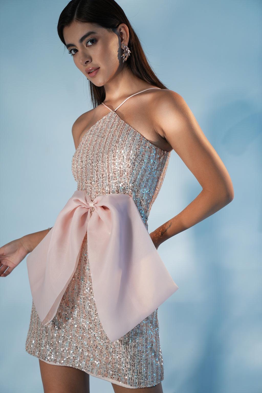 CHAMPAGNE SEQUIN BOW DRESS