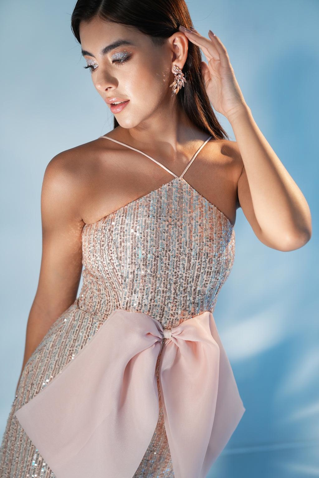 CHAMPAGNE SEQUIN BOW DRESS