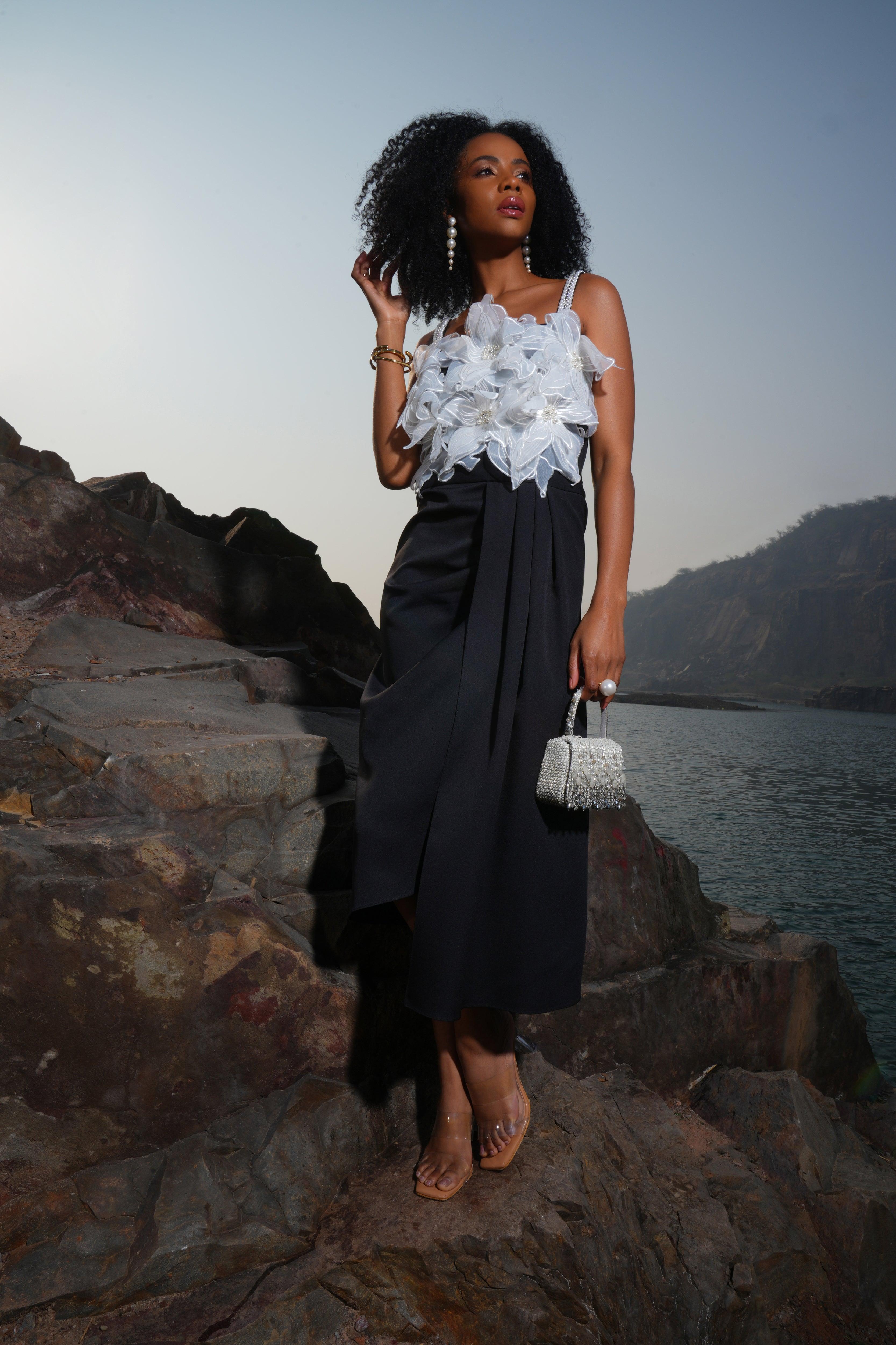 IVORY AND BLACK DRAPED DRESS