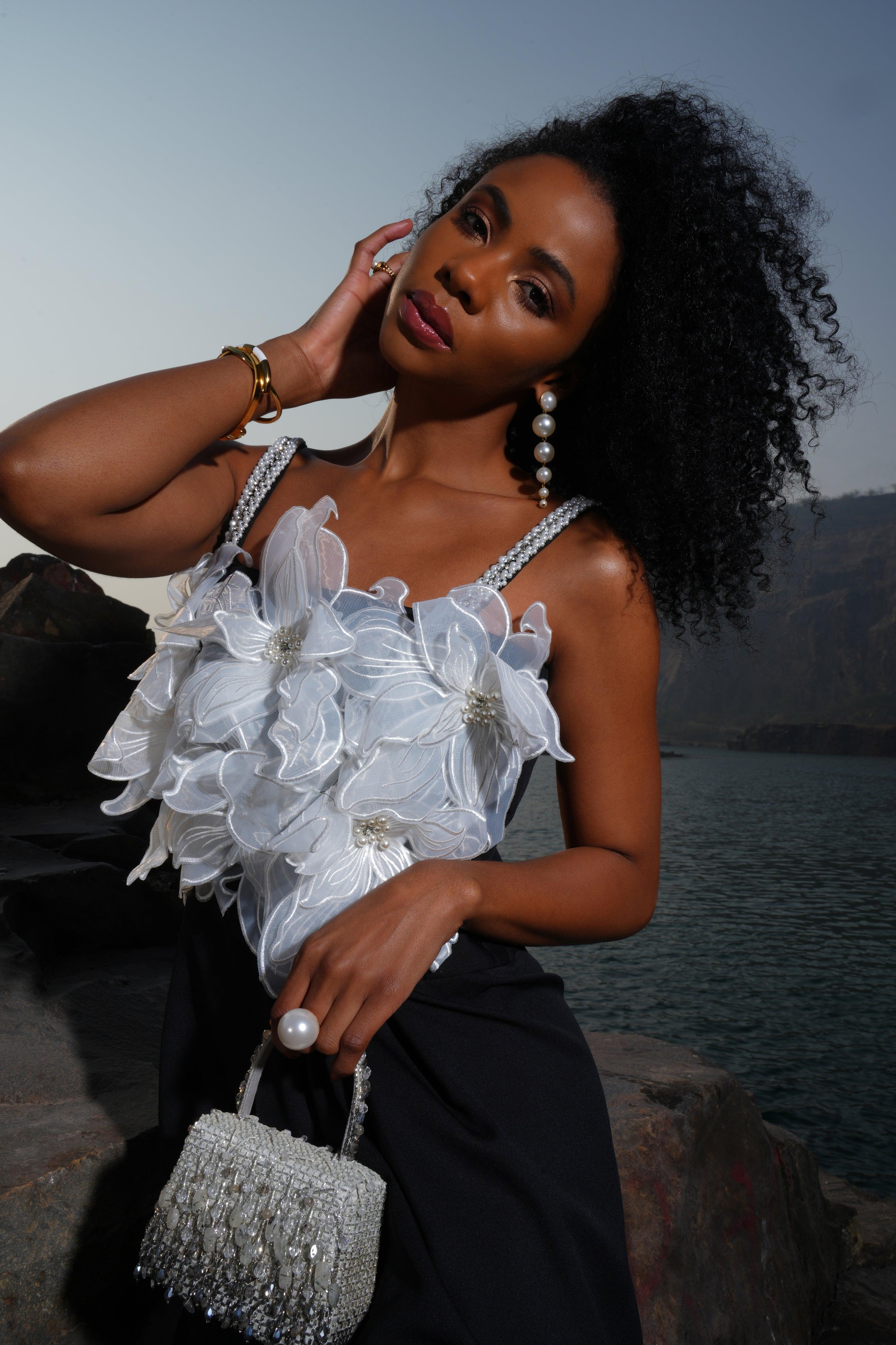 IVORY AND BLACK DRAPED DRESS