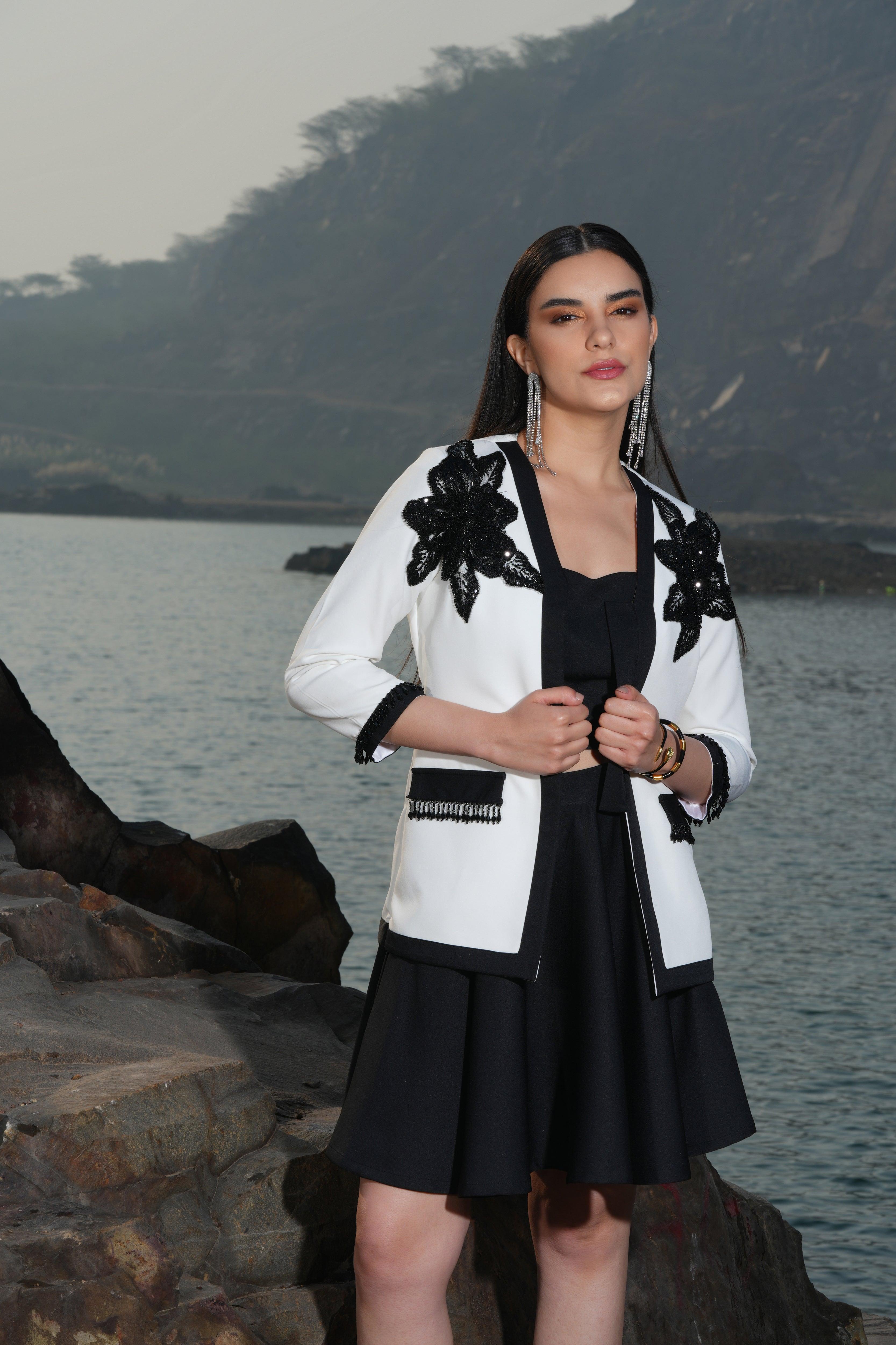 IVORY AND BLACK BEADED FLOWER  SKIRT SET